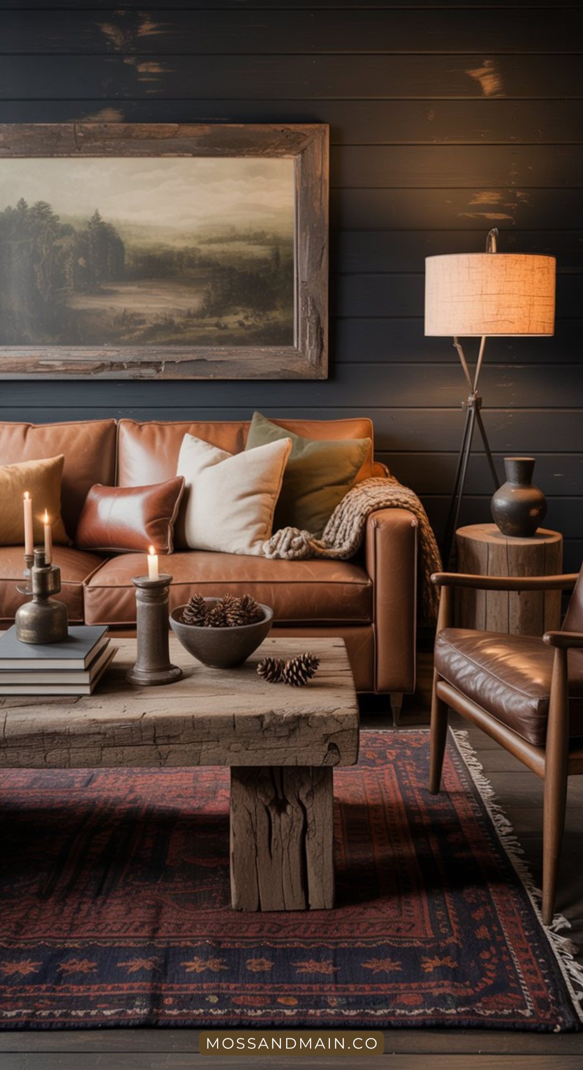 A cozy living room with a brown leather sofa, assorted cushions, rustic wooden coffee table with candles and pinecones, an armchair, a floor lamp, landscape painting, and dark paneled walls—perfect inspiration for moody living room decor.
