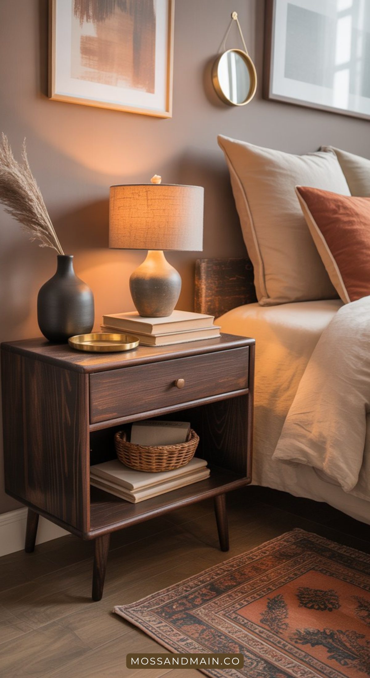 A cozy bedroom features a boho bedside table with a lamp, books, a vase with pampas grass, a small wicker basket, and warm-toned bedding. Soft lighting creates a relaxing atmosphere.
