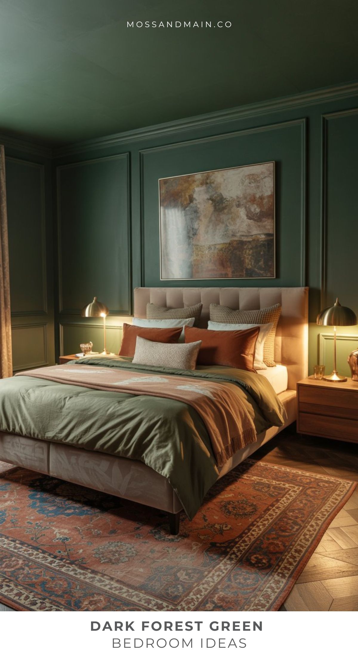 A stylish bedroom inspired by designer catalog looks, featuring dark forest green walls for a moody, sophisticated vibe, a beige upholstered bed with green and rust bedding, wooden nightstands with lamps, an abstract painting, and a patterned area rug.