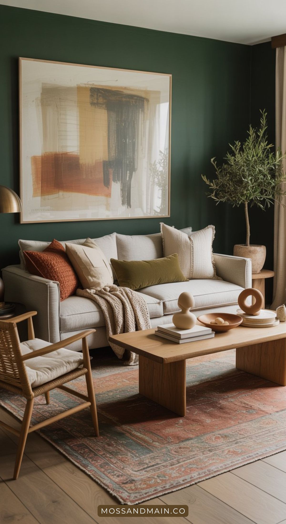A cozy gray couch living room features assorted throw pillows, a wooden coffee table, woven armchair, and a large abstract painting on a dark green wall. Neutrals and an olive tree with a patterned rug add warmth to the inviting living room decor.