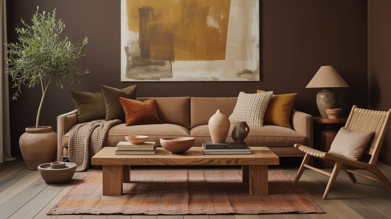 A cozy, dark living room with a tan sofa, earth-toned cushions, a wooden coffee table with ceramics, a woven chair, potted plants, a table lamp, and a large abstract artwork on the deep brown wall.