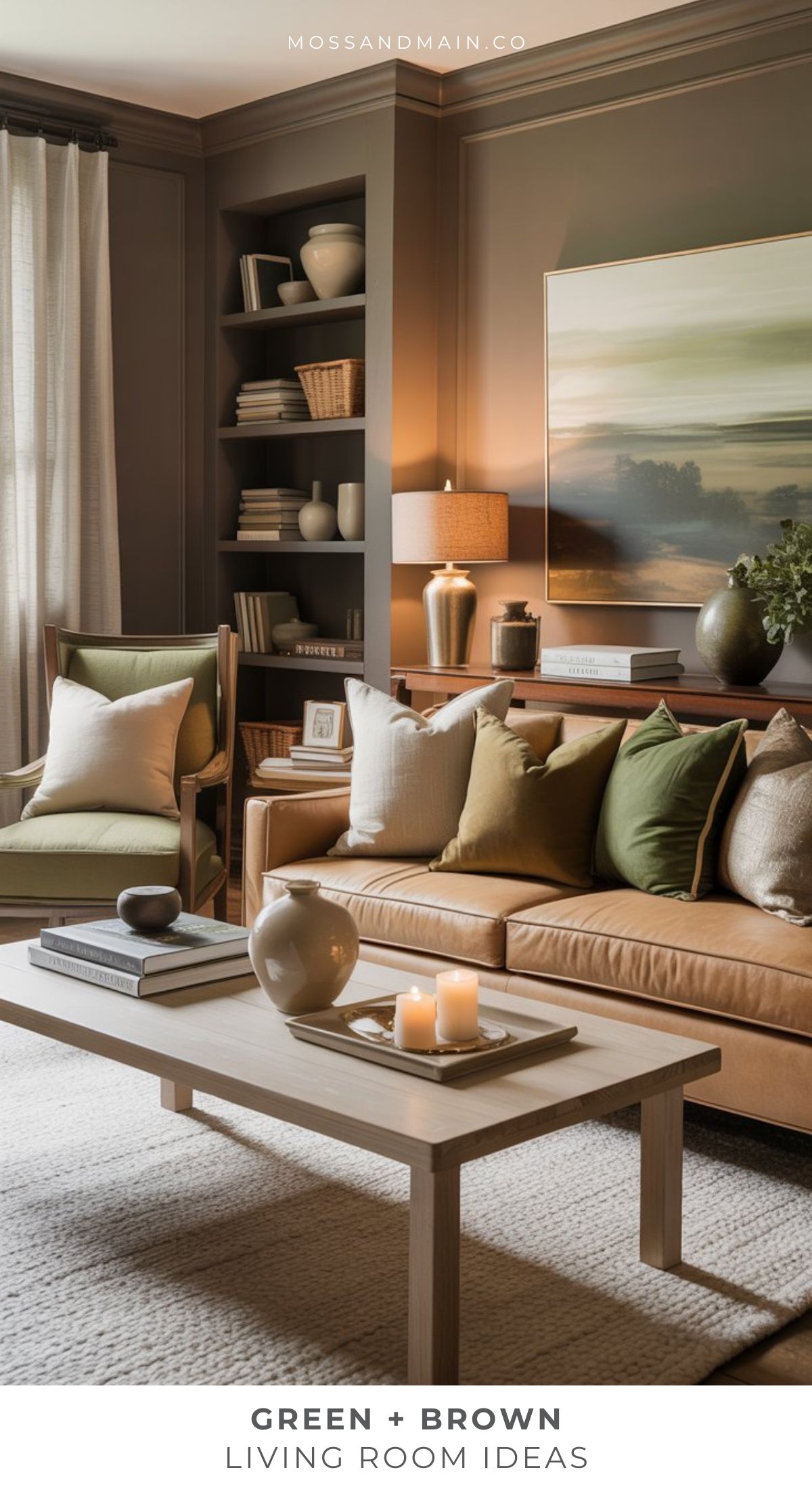 A cozy designer living room with green and brown decor, featuring a brown leather sofa, green accent pillows, a wooden coffee table with candles, built-in shelves, and a landscape painting—perfect for earthy living room ideas.