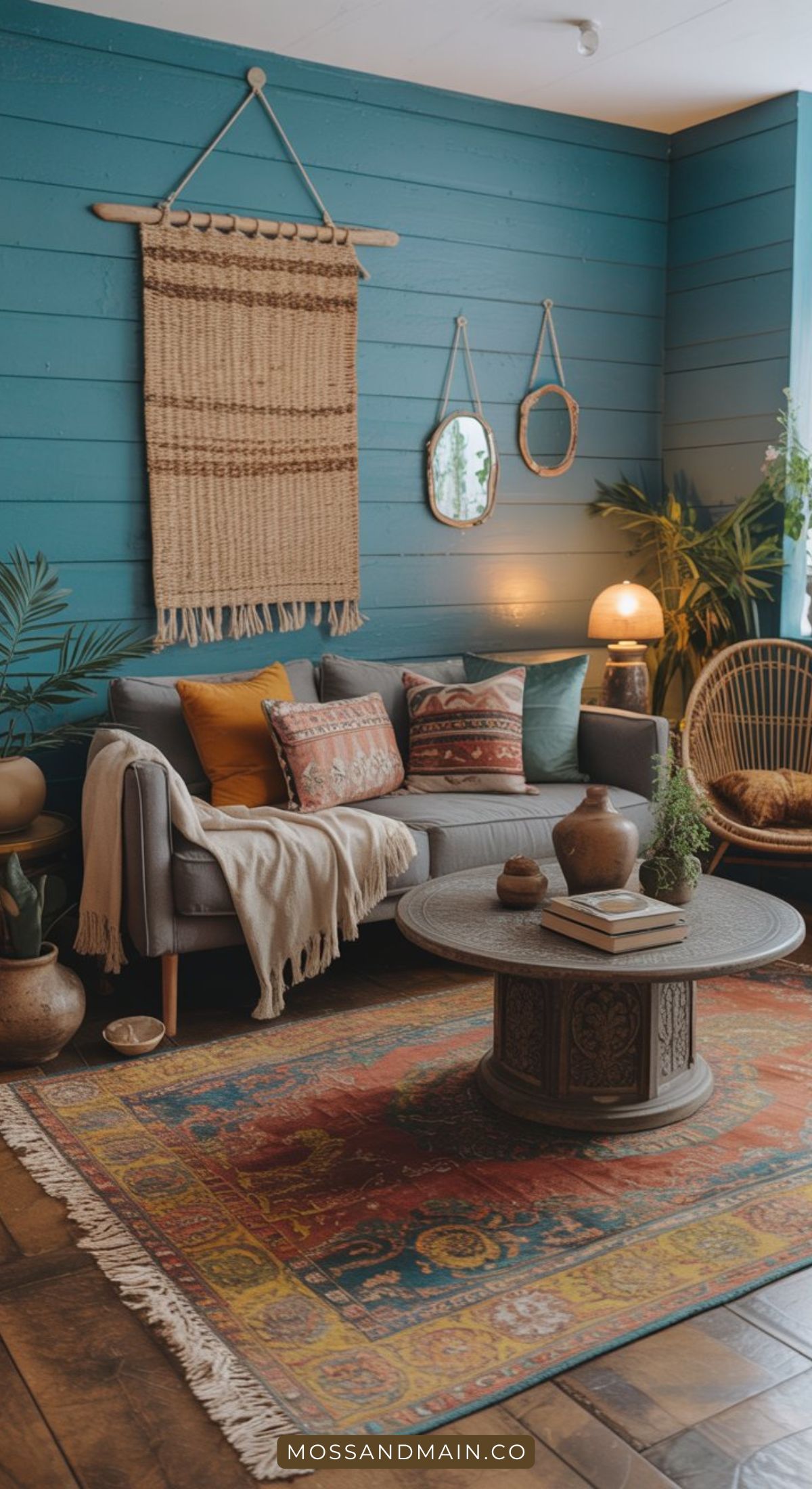 A cozy grey sofa living room featuring colorful cushions, a round wooden coffee table, woven wall art, a vibrant rug, potted plants, and a teal shiplap wall adorned with mirrors and a wall lamp.