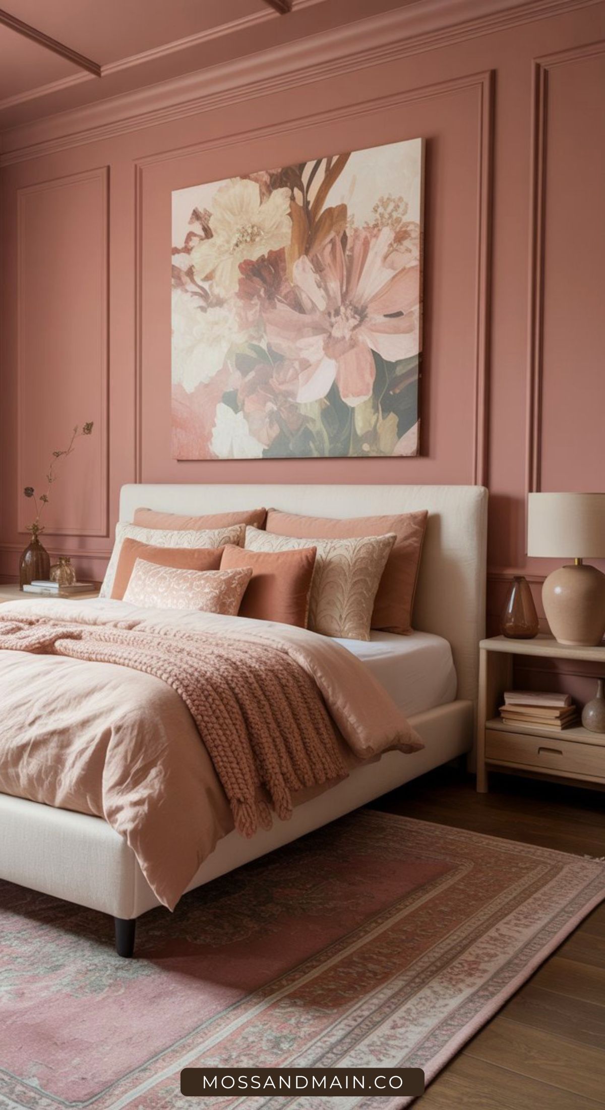A stylish bedroom features a cream bed with blush and beige bedding, pink walls, floral artwork, a pink rug, and matching decor on a wooden nightstand, creating a warm, cohesive look.