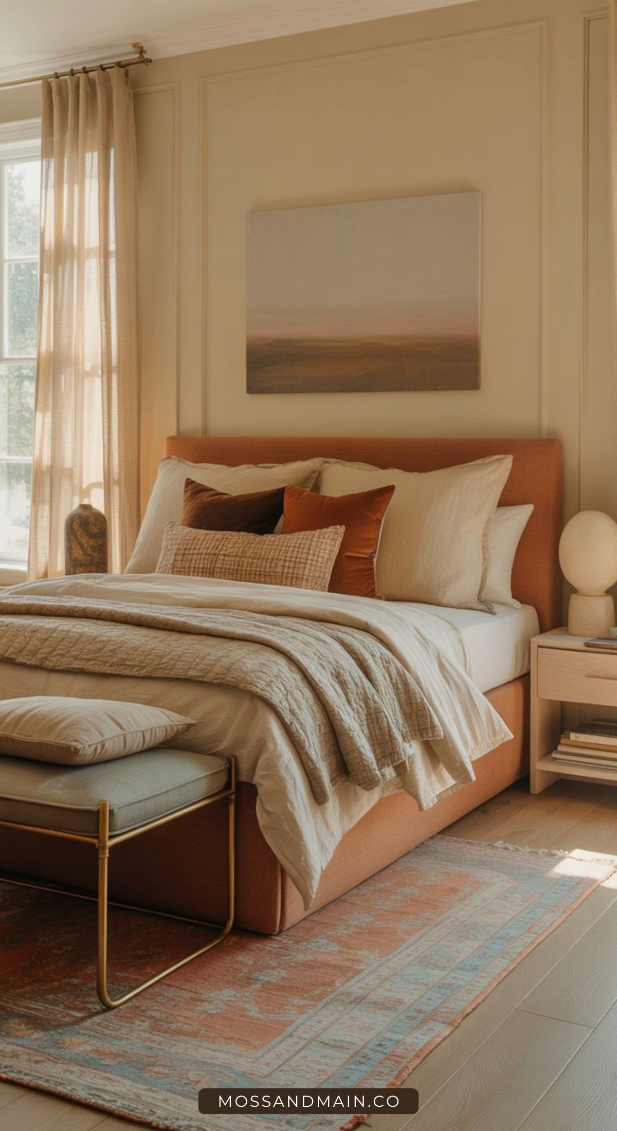 A stylish bedroom with a rust-colored upholstered bed, beige bedding, decorative pillows, and a bench at the foot evokes a Nancy Meyers aesthetic—complete with patterned rug, neutral wall art, and sheer curtains letting in natural light.