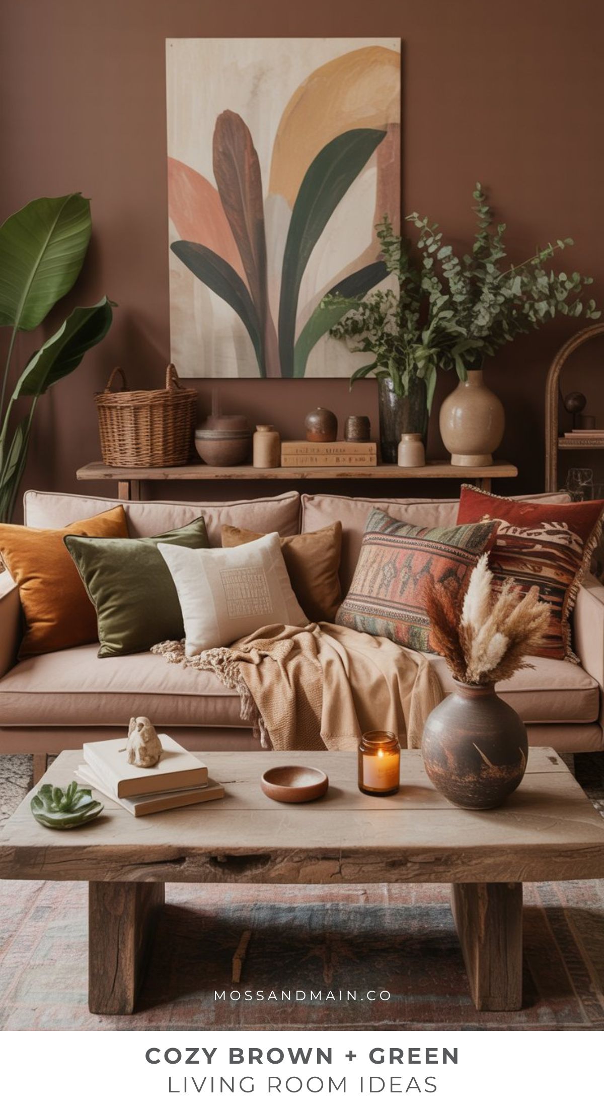 A cozy living room with brown and green decor features a beige sofa, earth-tone pillows, wood coffee table, lush plants, candles, and abstract leaf wall art. Text reads “Cozy Brown + Green Living Room Ideas.”.