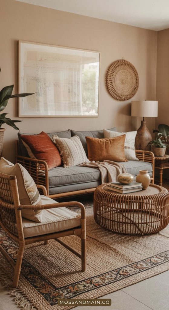 A cozy gray couch living room with brown and beige cushions, a wicker chair, round wicker coffee table, neutral-toned rug, lush plants, and warm decor accents like large wall art and a woven wall hanging.