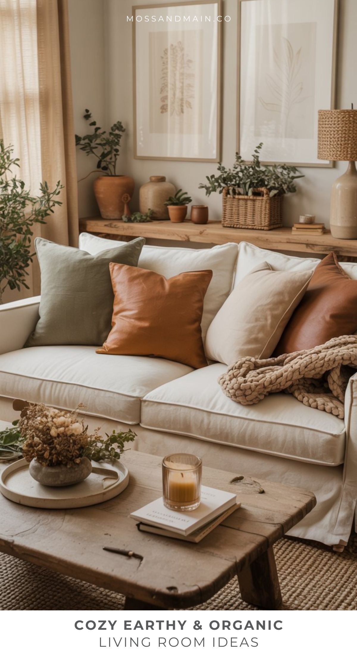 A cozy living room with a white sofa, earthy-toned pillows, and a knitted throw inspires earthy living room ideas. A wooden coffee table with a candle, dried flowers, plants, and framed art create an organic, welcoming atmosphere.