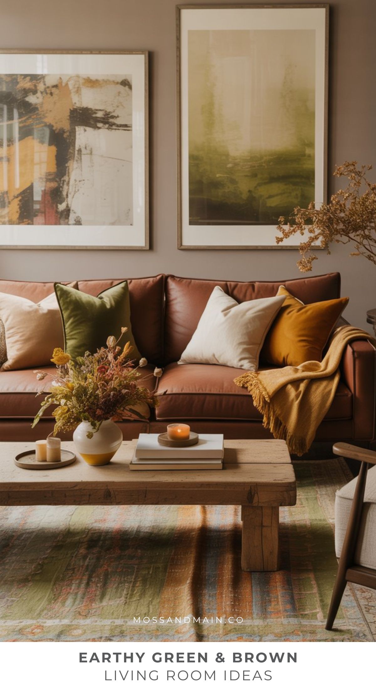A cozy brown and green living room with a leather sofa, green and mustard pillows, a wooden coffee table adorned with candles and vases, abstract art on the walls, and earthy decor in harmonious green and brown tones.