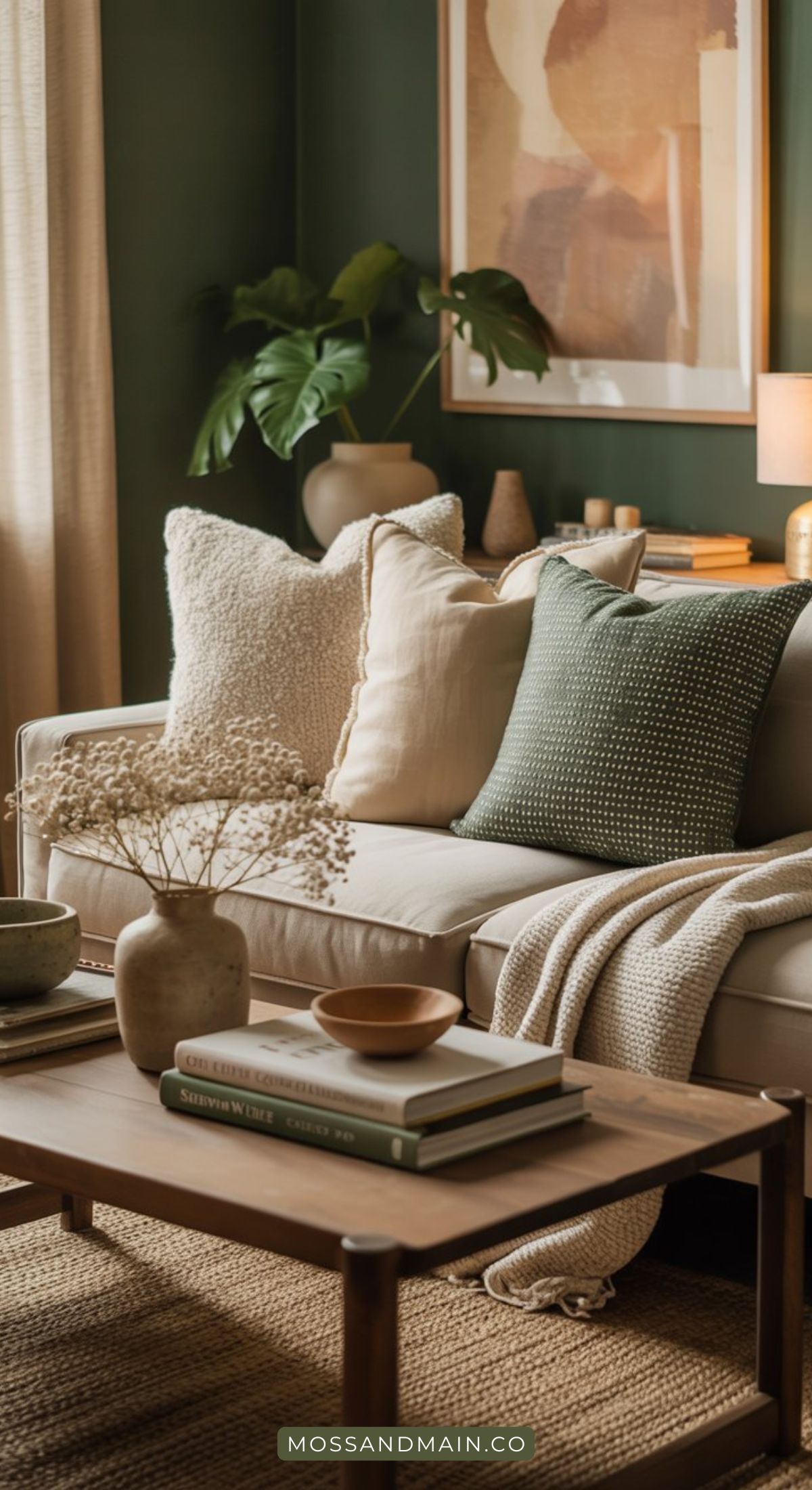 A cozy living room with a beige sofa, neutral and green pillows, a soft throw, and leafy plants creates a welcoming green color scheme. A wooden coffee table with decor books, vases, and earthy tones is complemented by a modern abstract painting.