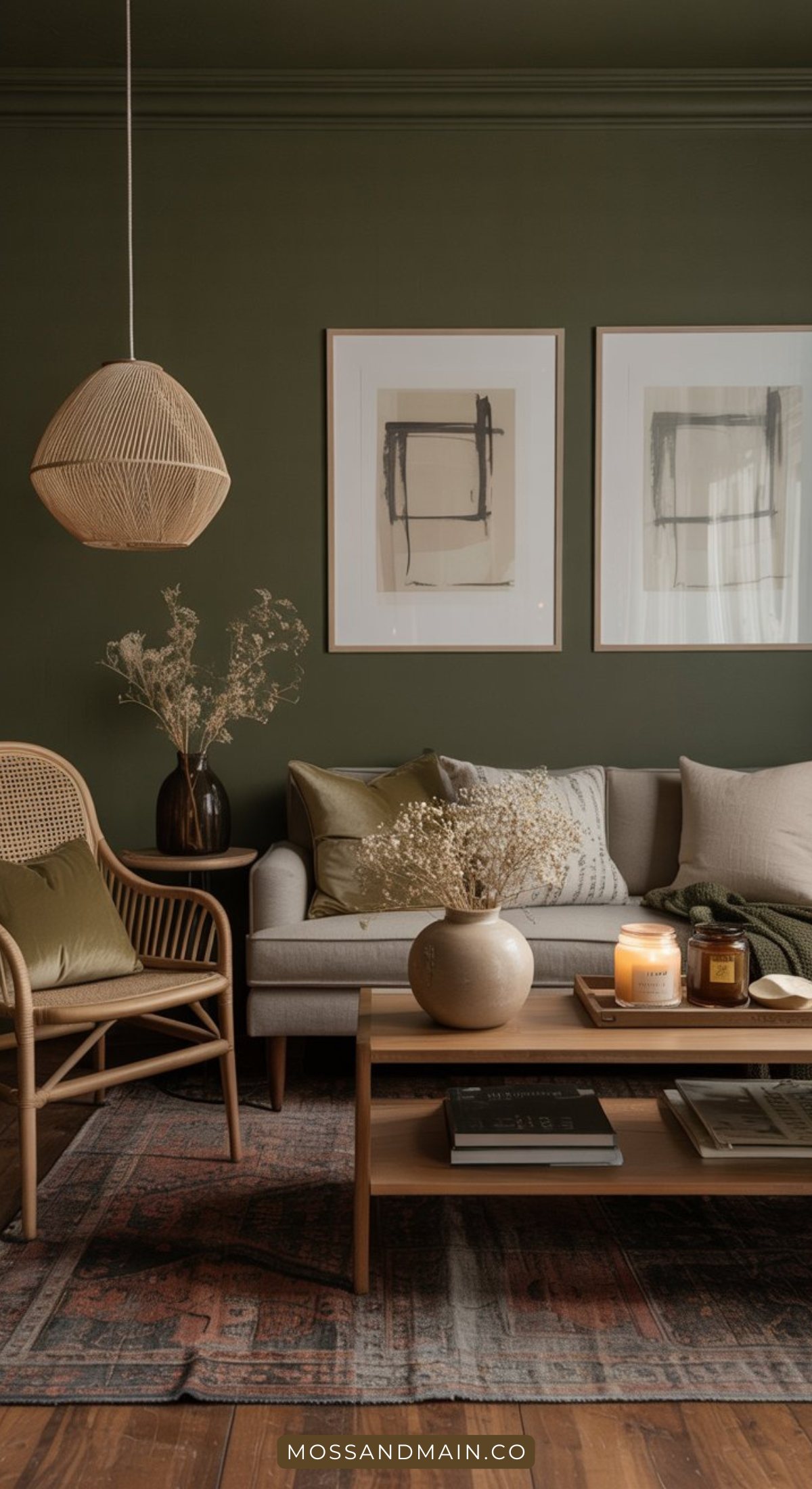 A cozy living room with olive green walls, a gray sofa with neutral cushions, a wicker chair, dried flowers in vases, candles on a wooden coffee table, and abstract art in white frames—a perfect moody living room for relaxing evenings.