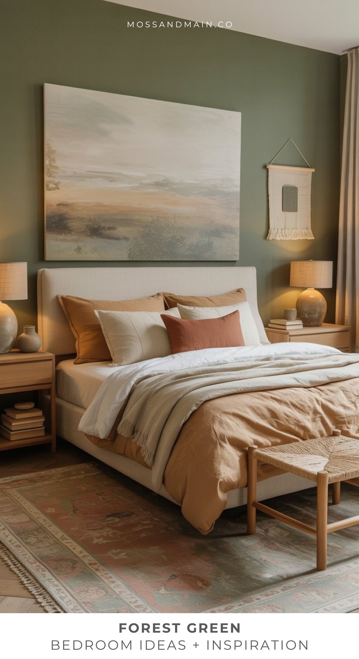 A cozy bedroom with moody forest green walls, neutral bedding, wooden furniture, warm-toned accents, a landscape painting above the bed, and soft lighting evokes the calm, inviting feel of a designer catalog.
