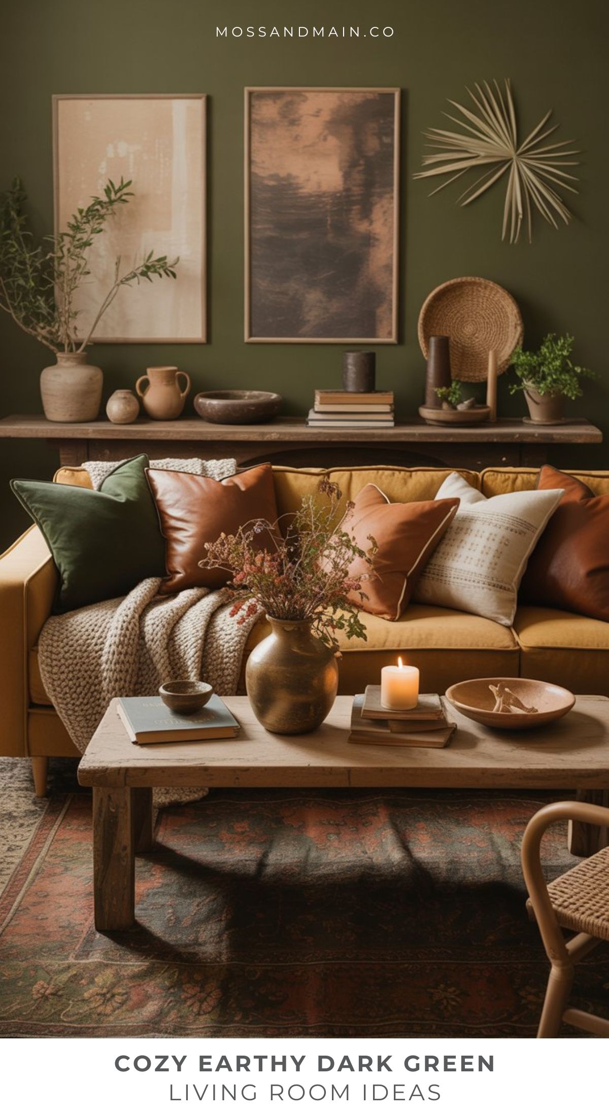 A cozy living room with a mustard sofa, green walls, earth-toned pillows, and wooden accents creates a perfect earthy living room. Framed art and palm wall decor add to the inviting atmosphere of this brown and green living room.