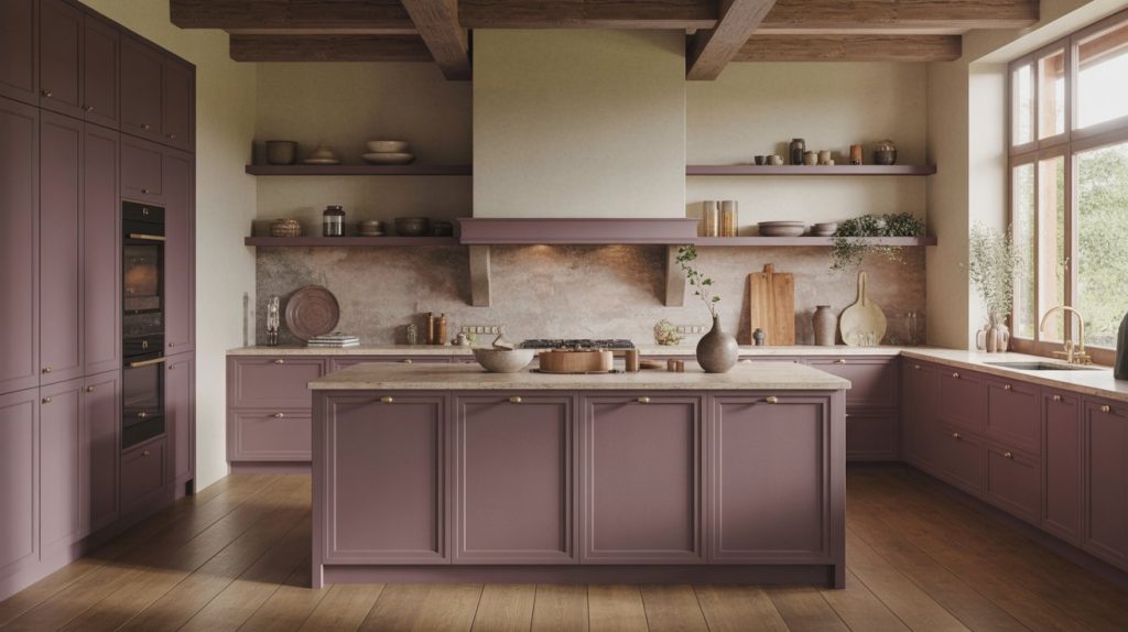 Spacious kitchen with plum-hued cabinets and island, marble countertops, open wooden shelves with dishes, large hood, wooden beams, and a big window letting in natural light—perfect for those seeking inspiring Aubergine Kitchen Ideas.