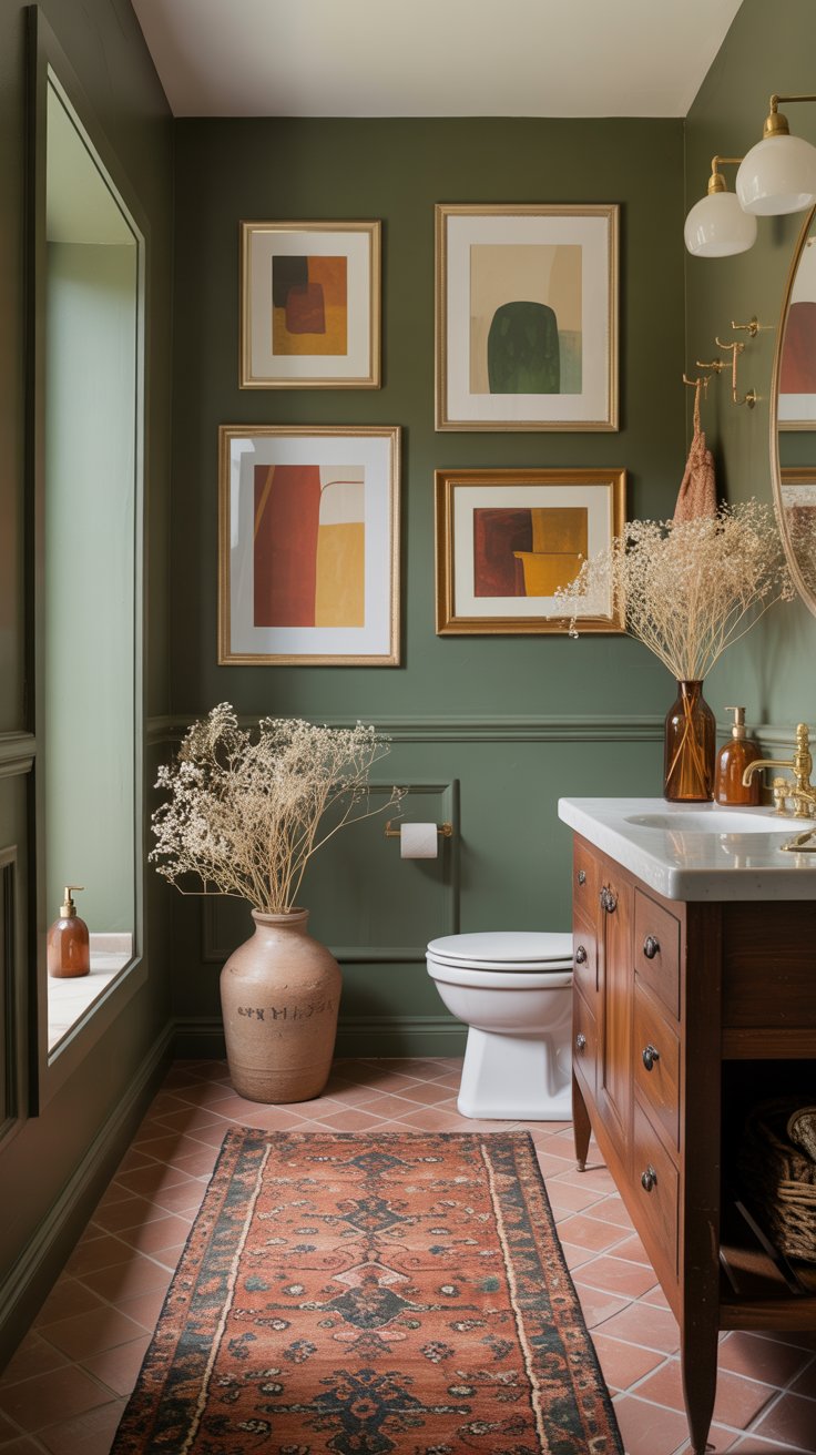 A cozy bathroom with sage green walls, abstract art, a wooden vanity, white toilet, dried floral arrangements in vases, brass fixtures, a patterned rug, and natural light from a tall window creates a timeless vibe.