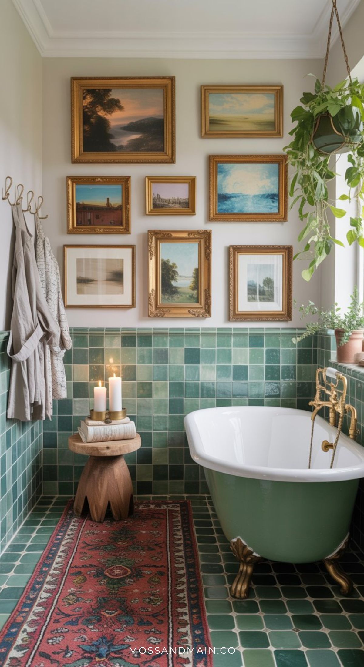 A cozy sage green bathroom with tile walls and floor, a vintage clawfoot tub, red patterned rug, candles on a wooden stool, hanging robes, potted plants, and framed art—perfect for inspiring your next bathroom ideas.
