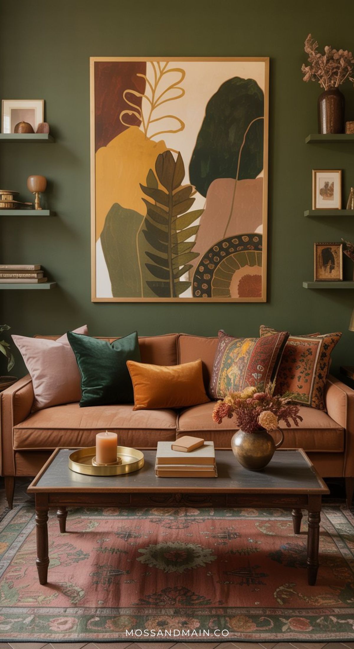 A cozy brown and green living room features a brown sofa, colorful throw pillows, a wooden coffee table, and an abstract botanical art piece on a green wall. Shelves with decor and plants complete the warm, inviting space.