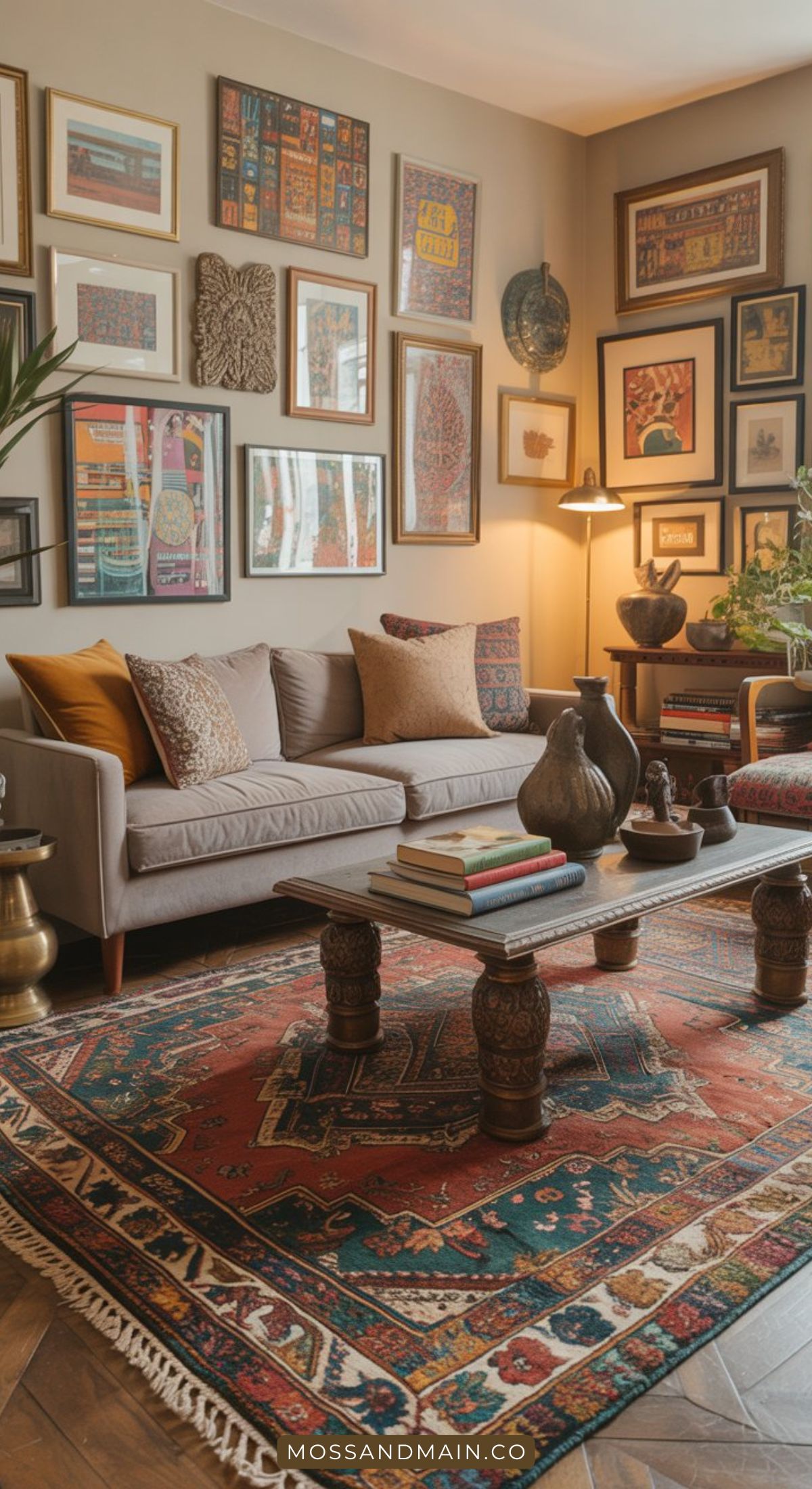 A cozy living room with a light gray couch, patterned pillows, wooden coffee table, and books. Colorful art and frames cover the walls. An ornate rug and houseplants add warmth to this inviting space—perfect for fresh living room ideas.