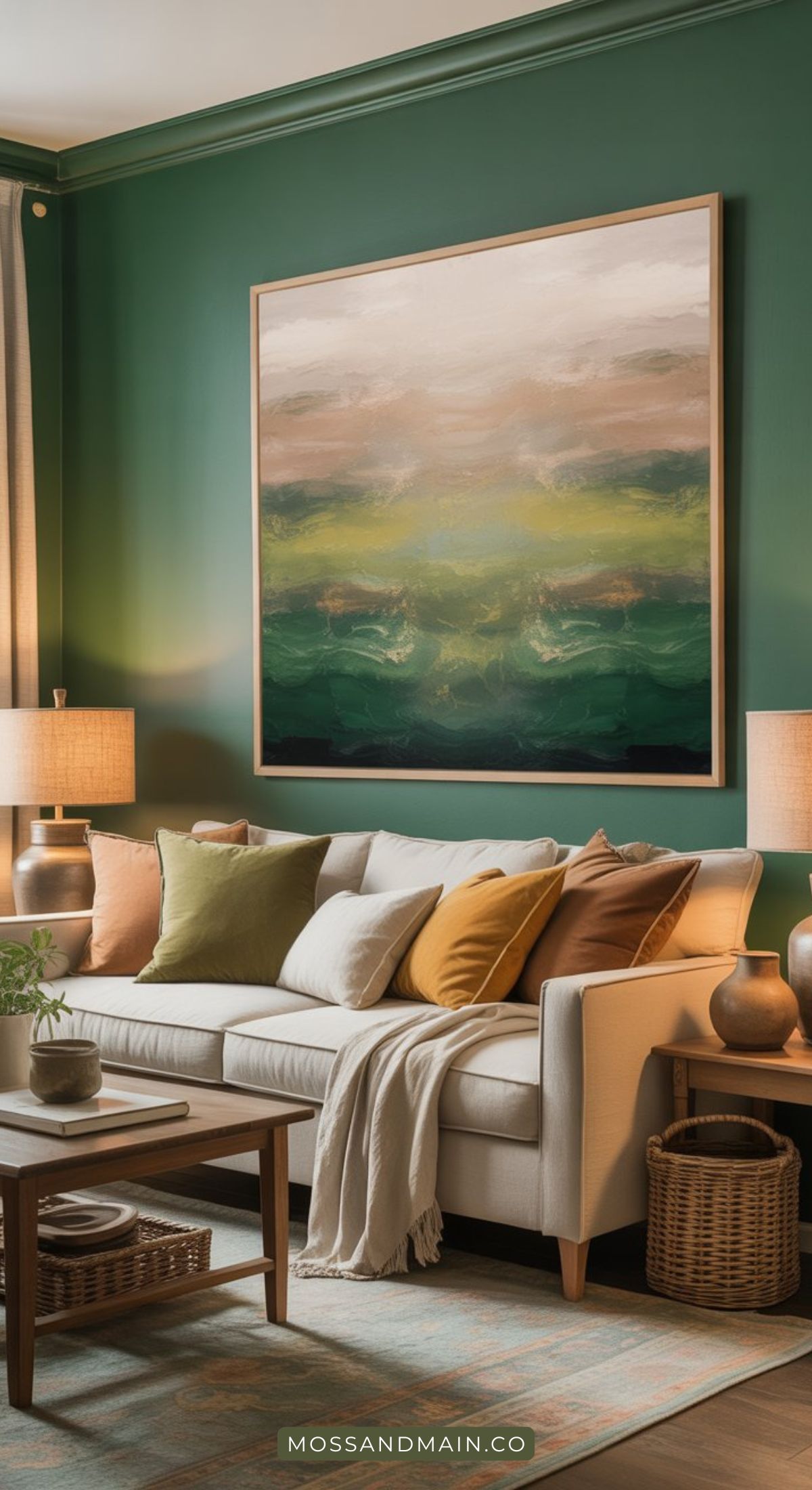 A cozy living room with a beige sofa, earth-toned pillows, two side lamps, a woven basket, and a large abstract painting in green, gold, and brown hues highlights the inviting green color scheme. Text at the bottom reads MOSSANDMAIN.CO.