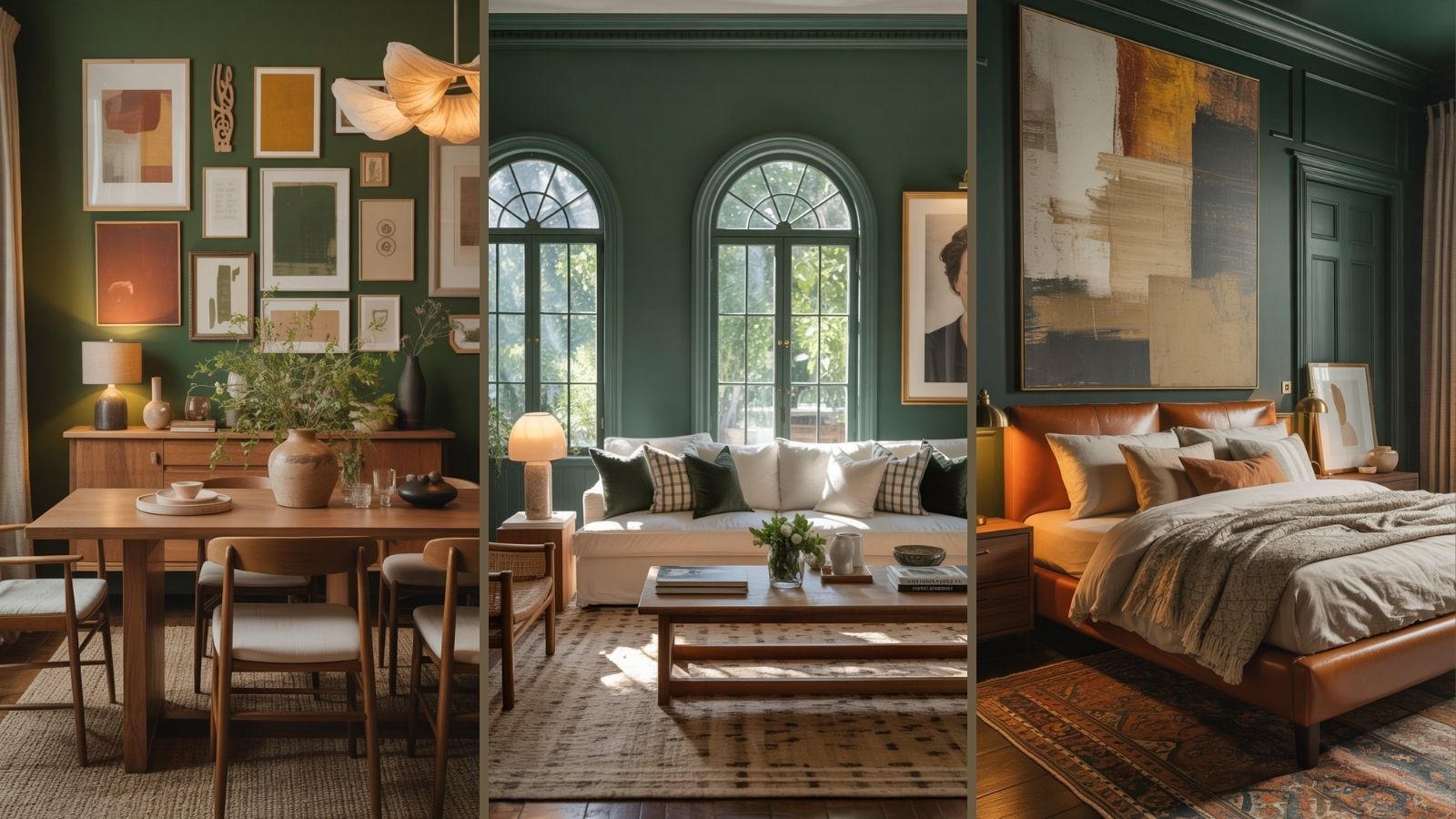 Three stylish rooms: a dining area with wooden furniture and art on green walls; a living room with arched windows, white sofa, and coffee tables; and a cozy forest green bedroom featuring a large painting, bed, and warm-toned decor.