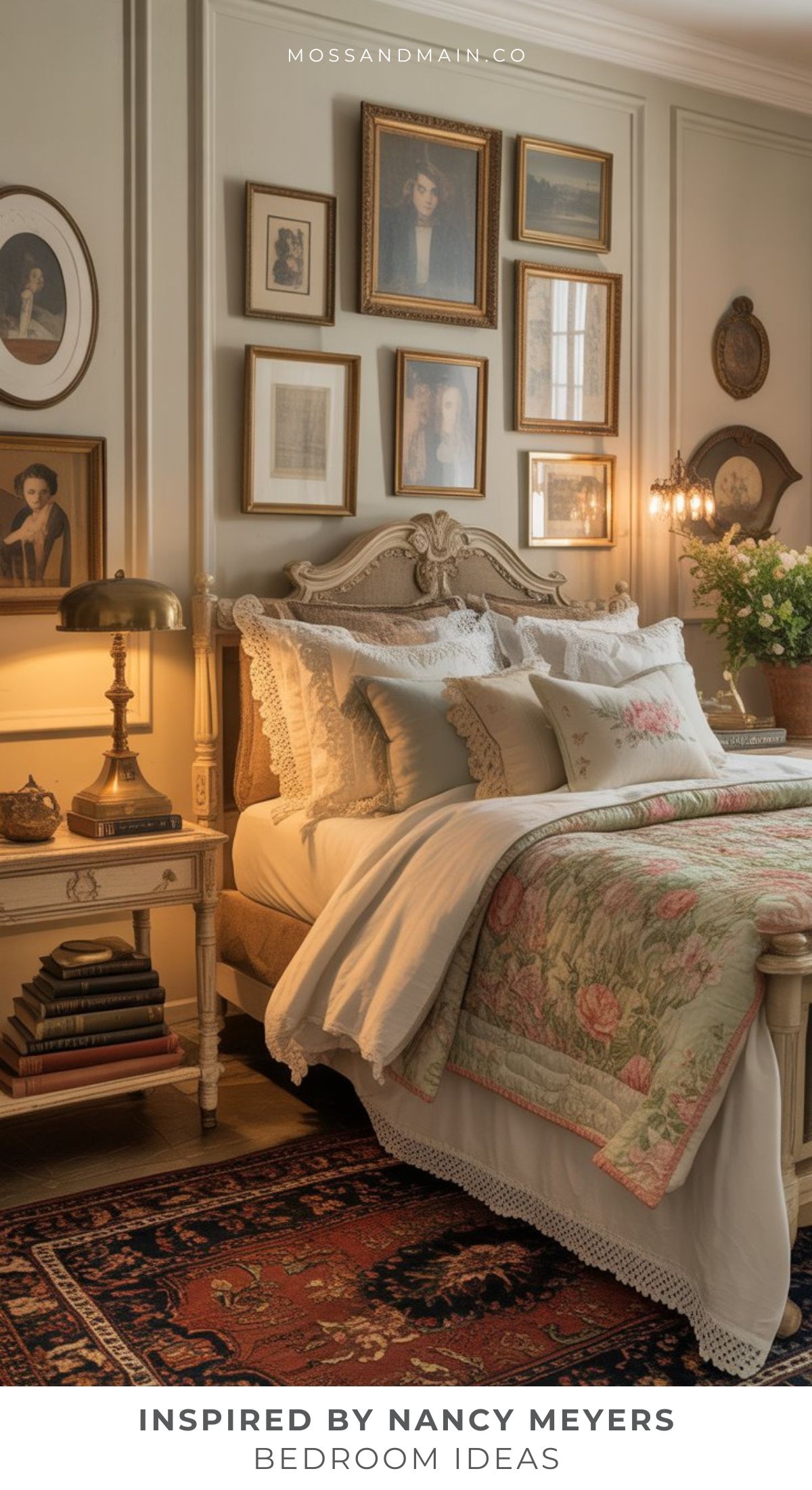 A cozy, vintage-inspired classic bedroom with an ornate bed, floral bedding, and antique nightstand evokes inviting Nancy Meyers bedroom ideas and creates a warm atmosphere with a gallery wall of classic portraits.