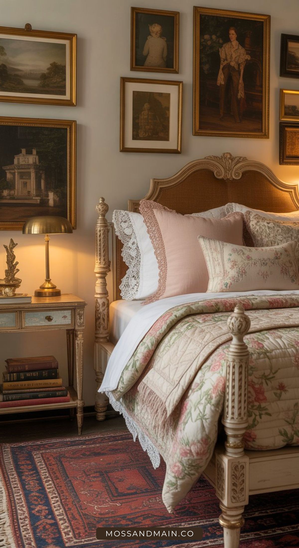 A cozy bedroom with a vintage vibe features a carved bed, floral bedding, lace pillows, and an ornate nightstand topped with books and a brass lamp—perfect inspiration for Nancy Meyers bedroom ideas. Framed art and portraits adorn the wall above a patterned rug.