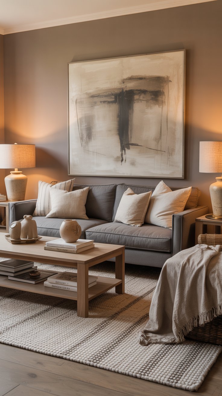 A cozy grey sofa living room with beige pillows and a large abstract painting on the wall. Two table lamps rest on side tables, while a wooden coffee table holds books and ceramics atop a textured rug.