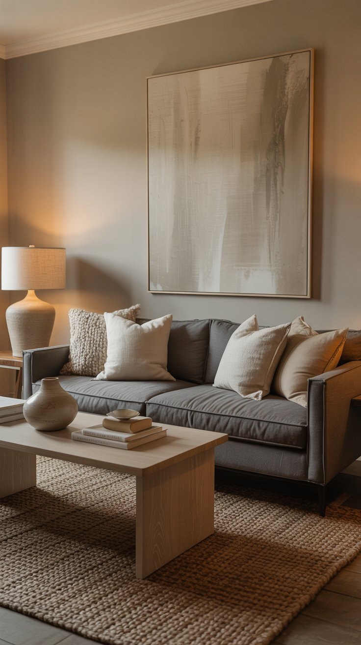 A modern living room featuring a gray couch, cream and beige pillows, a large abstract painting, wooden coffee table decor, a table lamp, and a textured rug—all in soothing neutrals and soft lighting for fresh living room ideas.