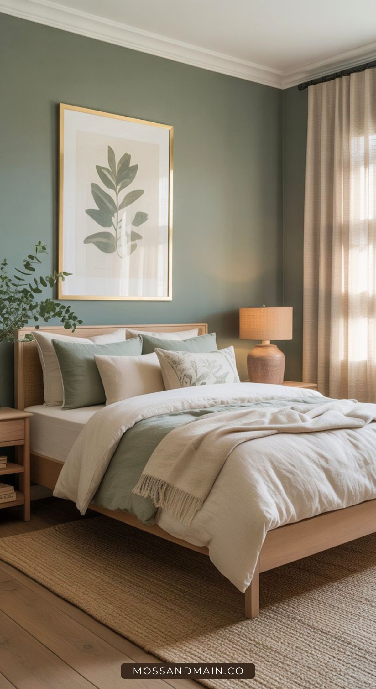 A cozy bedroom inspired by classic bedroom and Nancy Meyers bedroom ideas, with sage green walls, a wooden bed, white and green bedding, a woven rug, leafy artwork, and sunlight filtering through beige curtains for a serene retreat.