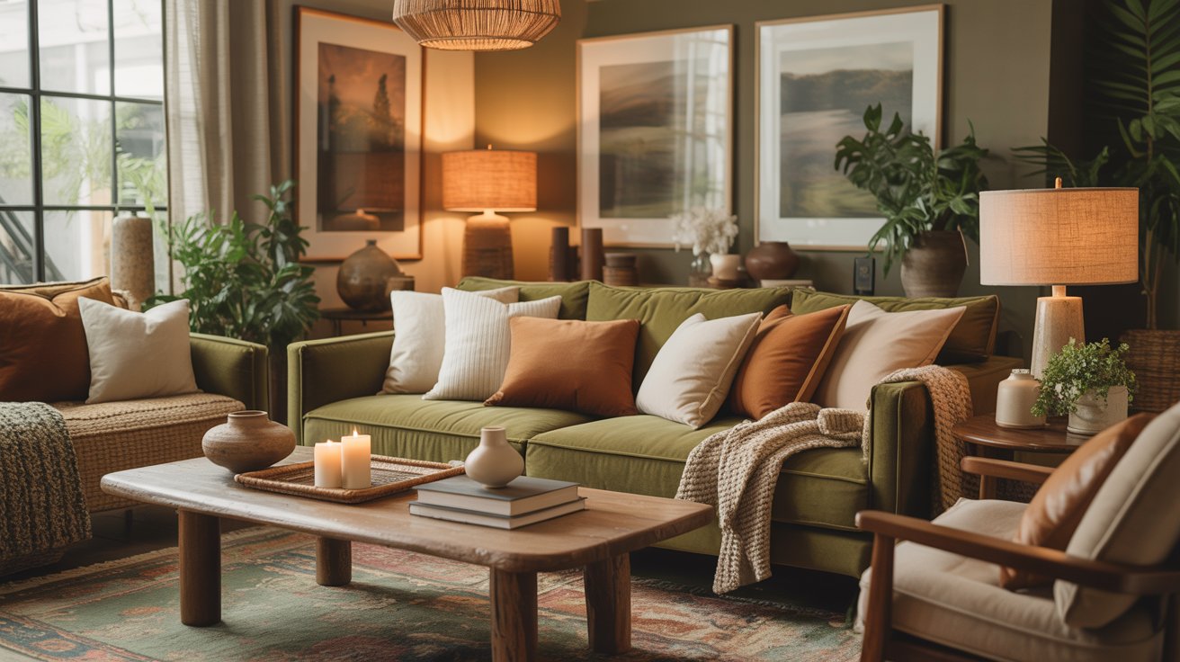 A cozy green living room with an olive sofa, earth-toned cushions, potted plants, a wooden coffee table with candles and books, soft lighting from table lamps, and landscape art adorning the walls.