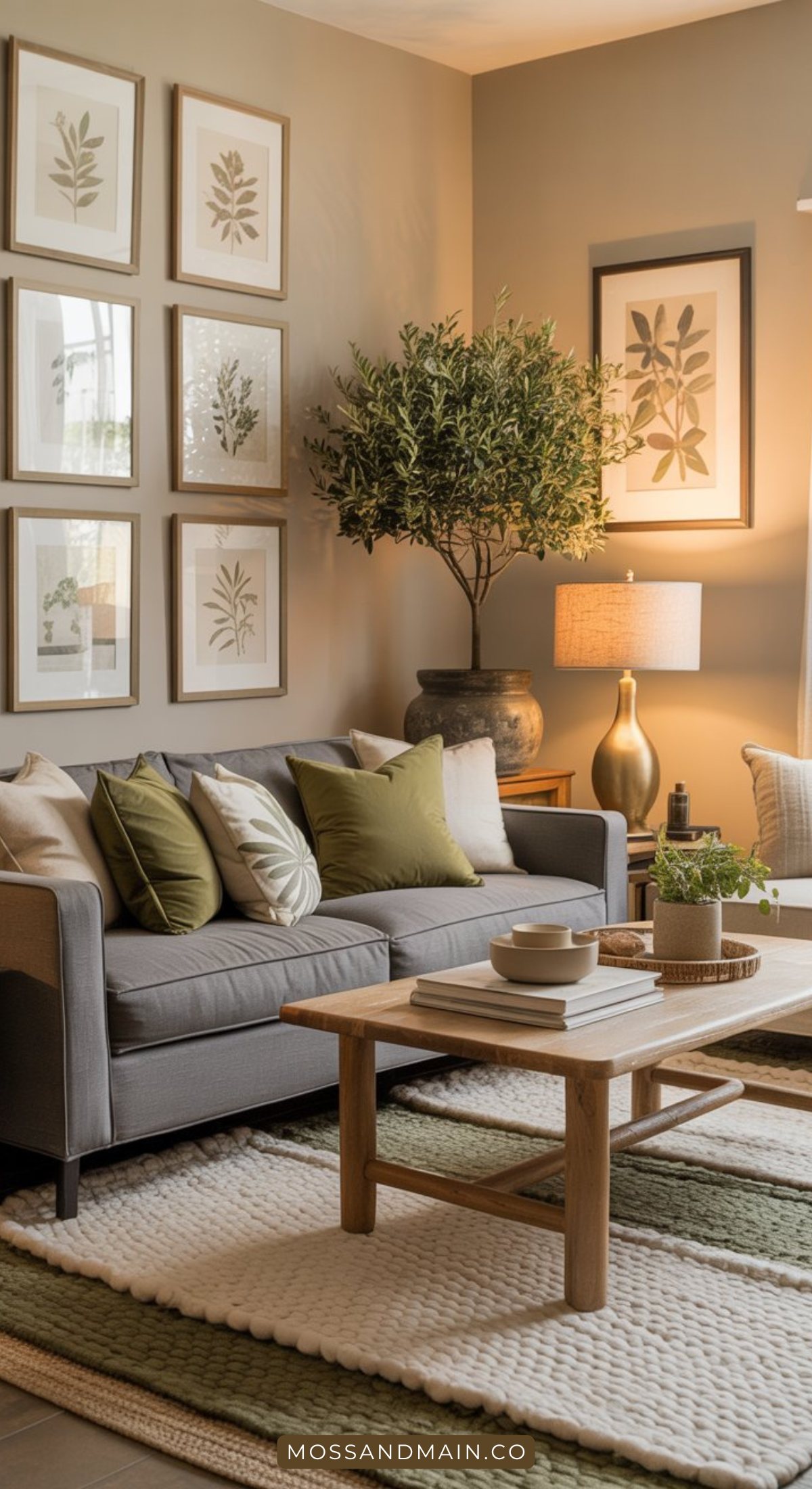 A cozy gray couch living room features green and beige cushions, a wooden coffee table, framed botanical prints, a large potted plant, a table lamp, and a textured rug—perfect for those seeking neutral living room ideas.