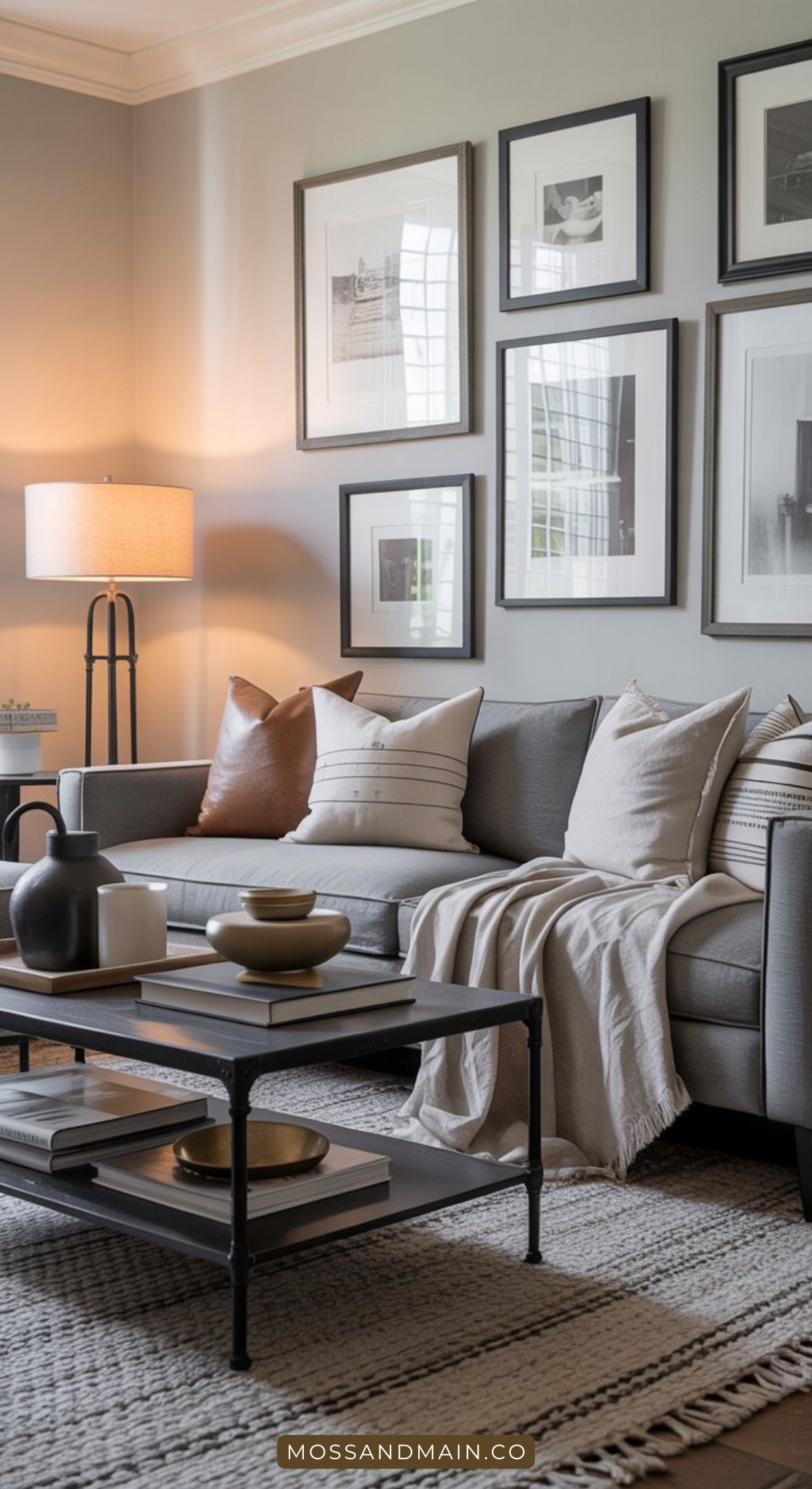 A stylish living room with a gray couch, neutral throw pillows, a blanket, a two-tier coffee table with decorative items, framed art on light gray walls, a floor lamp, and a textured rug—perfect for those seeking neutral decor and modern living room ideas.