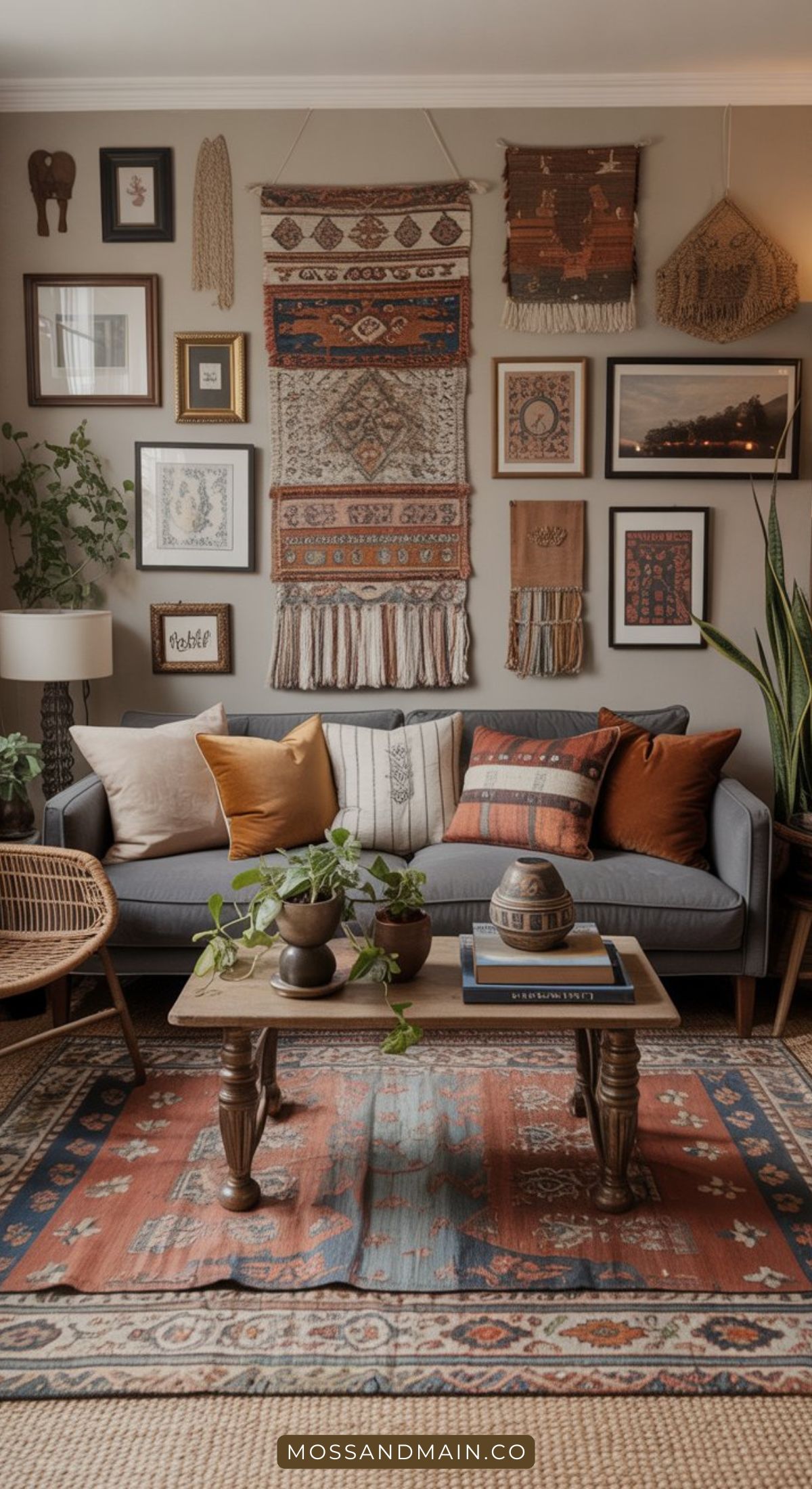 A cozy living room with a gray sofa, brown and orange cushions, and a wooden coffee table with plants embraces neutrals and stylish living room decor. Framed art, photographs, woven textiles, and a patterned rug complete the inviting look.