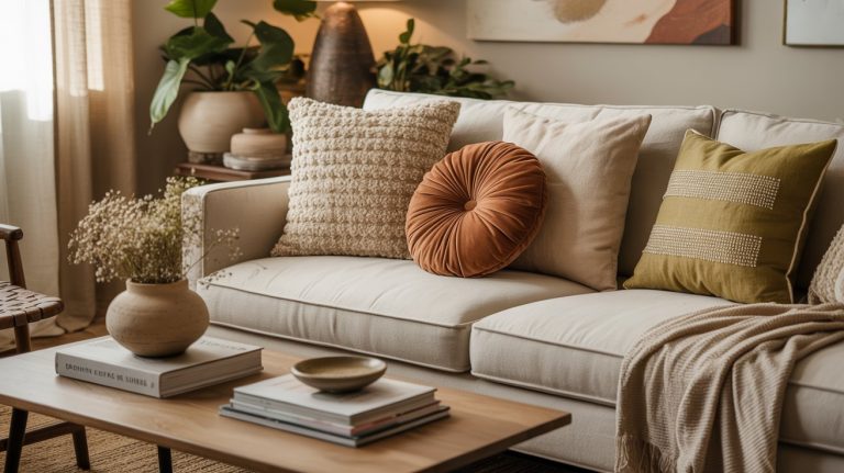 A cozy living room with a beige sofa decorated using the Designer Formula to style a couch—layered throw pillows add texture and pattern. A wooden coffee table with books, a vase, and plants in the background creates a warm, inviting atmosphere.