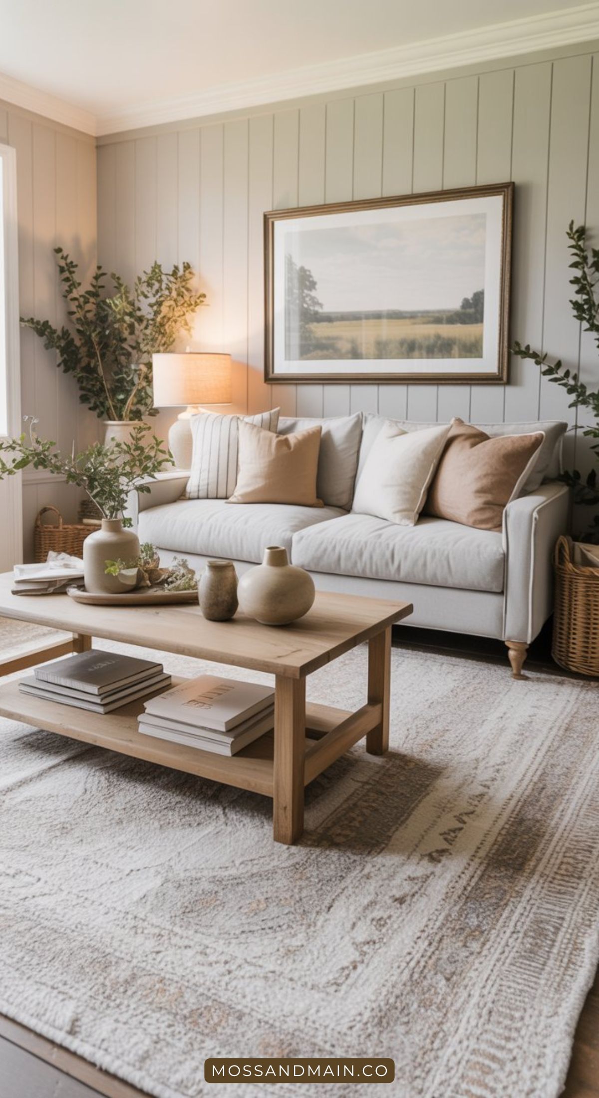 A cozy gray couch living room with neutral pillows, a wooden coffee table with decor and books, a large framed landscape on the wall, and potted plants in the corners. Soft lighting creates a warm, inviting atmosphere.