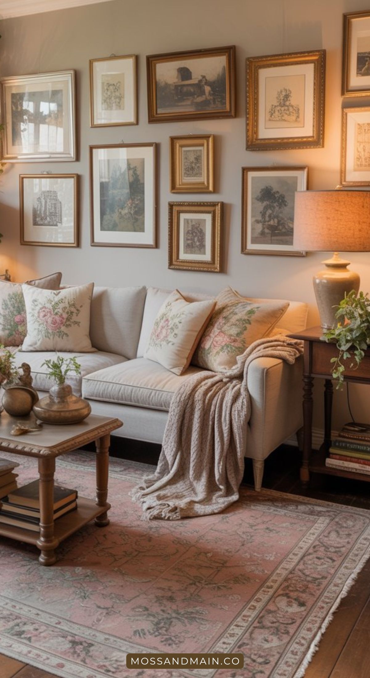 A cozy grey sofa living room with floral pillows and a textured blanket, a wooden coffee table with decor, a pink patterned rug, and a wall filled with framed art. A table lamp and plants add extra warmth.
