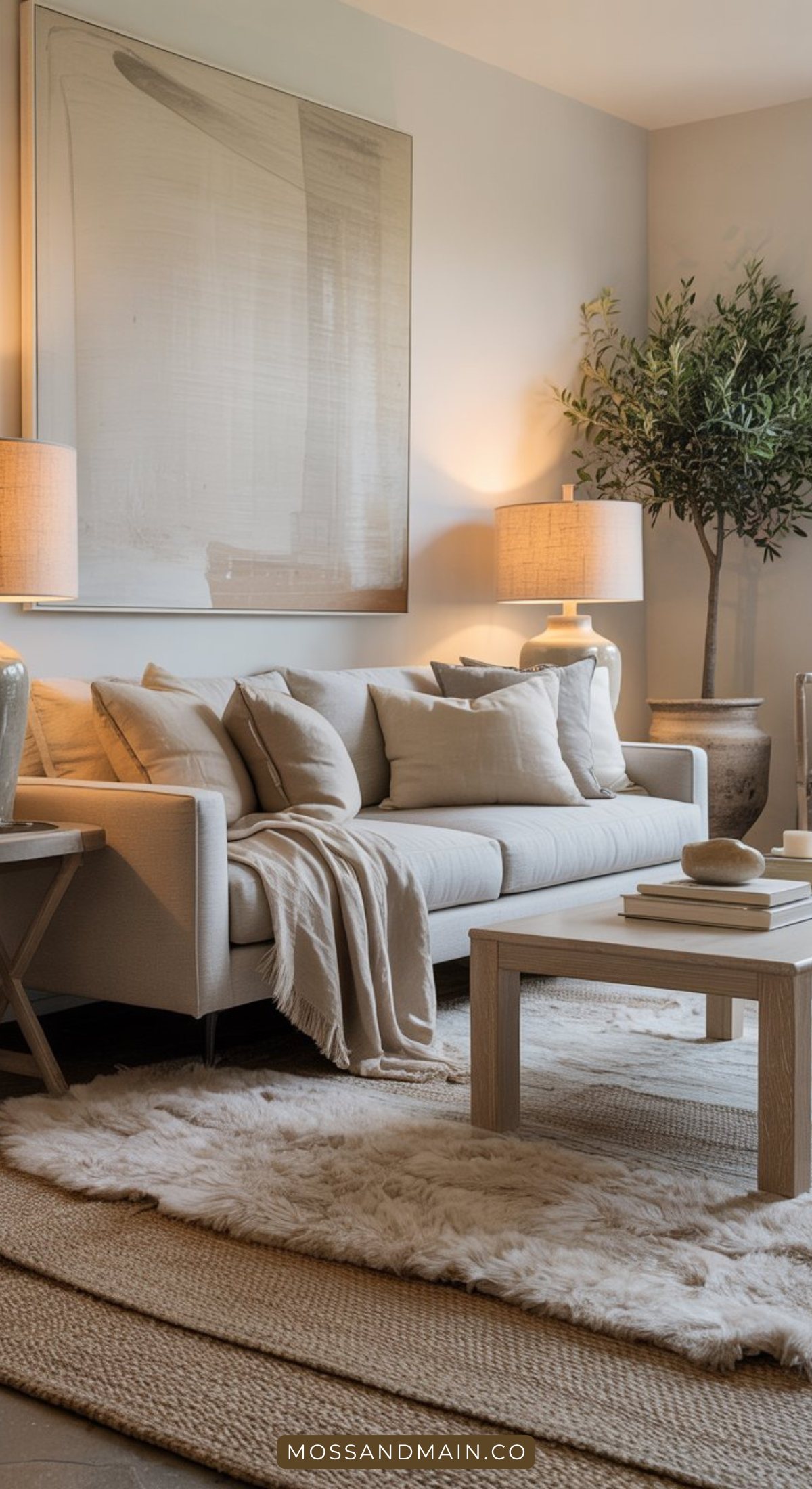 A cozy, modern living room featuring neutrals with a white sofa, neutral cushions, a light throw blanket, two beige lamps, a textured rug, and stylish decor—perfect for those seeking inviting living room ideas in soft lighting.