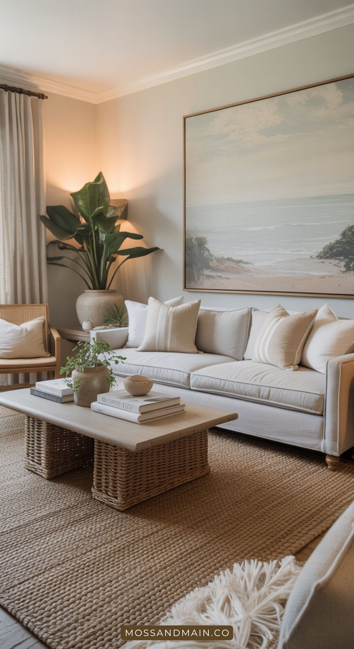 A cozy neutral living room with a beige sofa and matching armchair, a wicker coffee table, large beach landscape artwork on the wall, indoor plant, and soft, natural decor—perfect inspiration for gray couch ideas.
