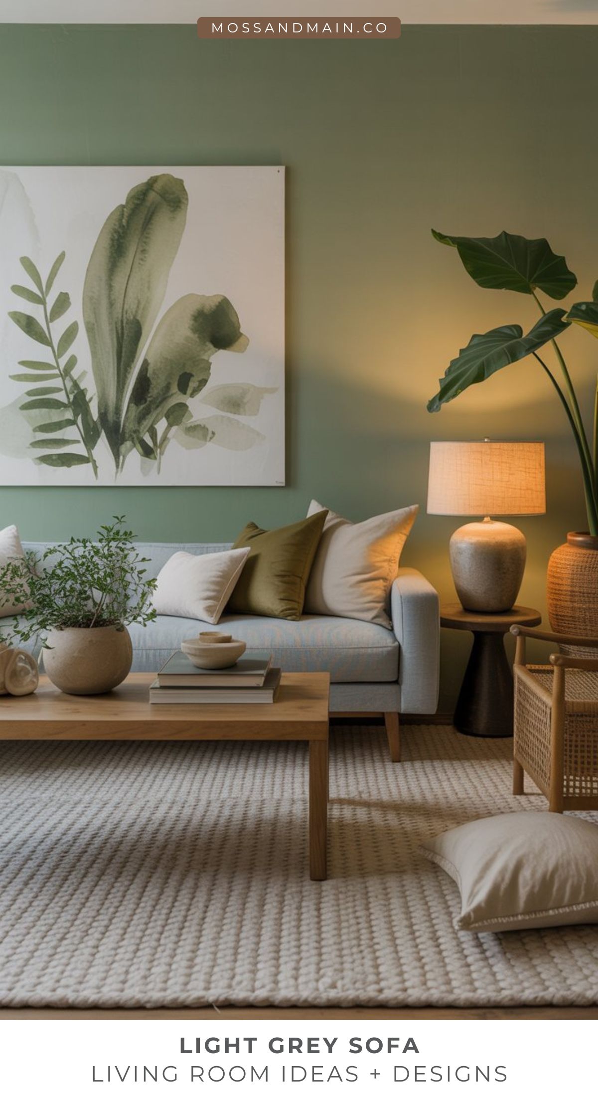 A light gray couch sits in a modern living room with green walls, a wooden coffee table, neutral decor, leafy art print, lamp, and throw pillows—perfect for cozy living room ideas and creating a stylish, inviting space.