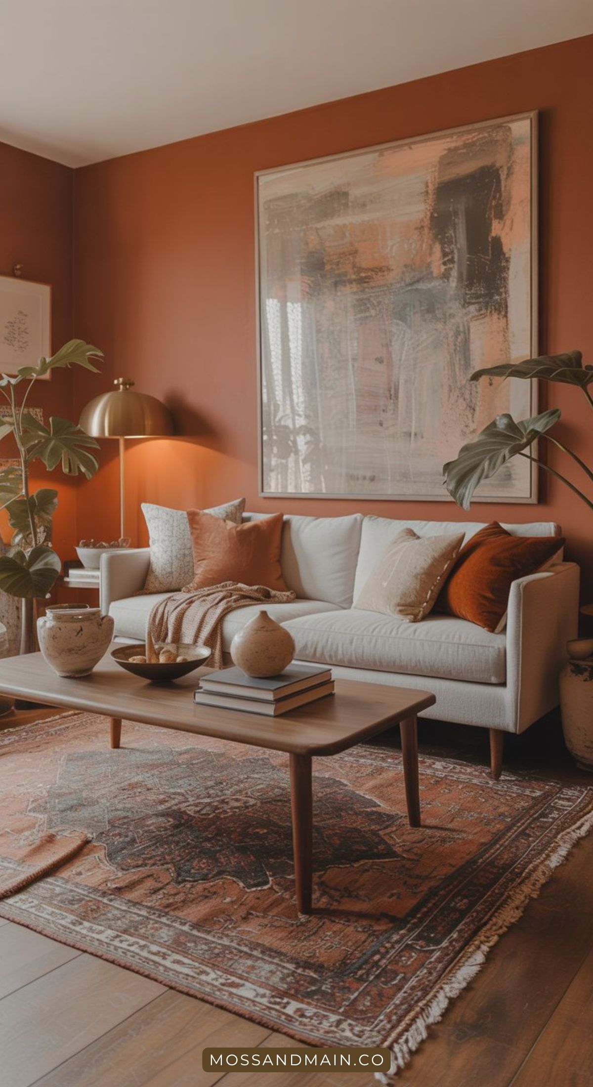 A cozy living room with rust-colored walls, a large abstract painting, a light gray couch with orange and brown cushions, a wooden coffee table, potted plants, and an ornate rug—perfect for inspiring your next living room ideas.