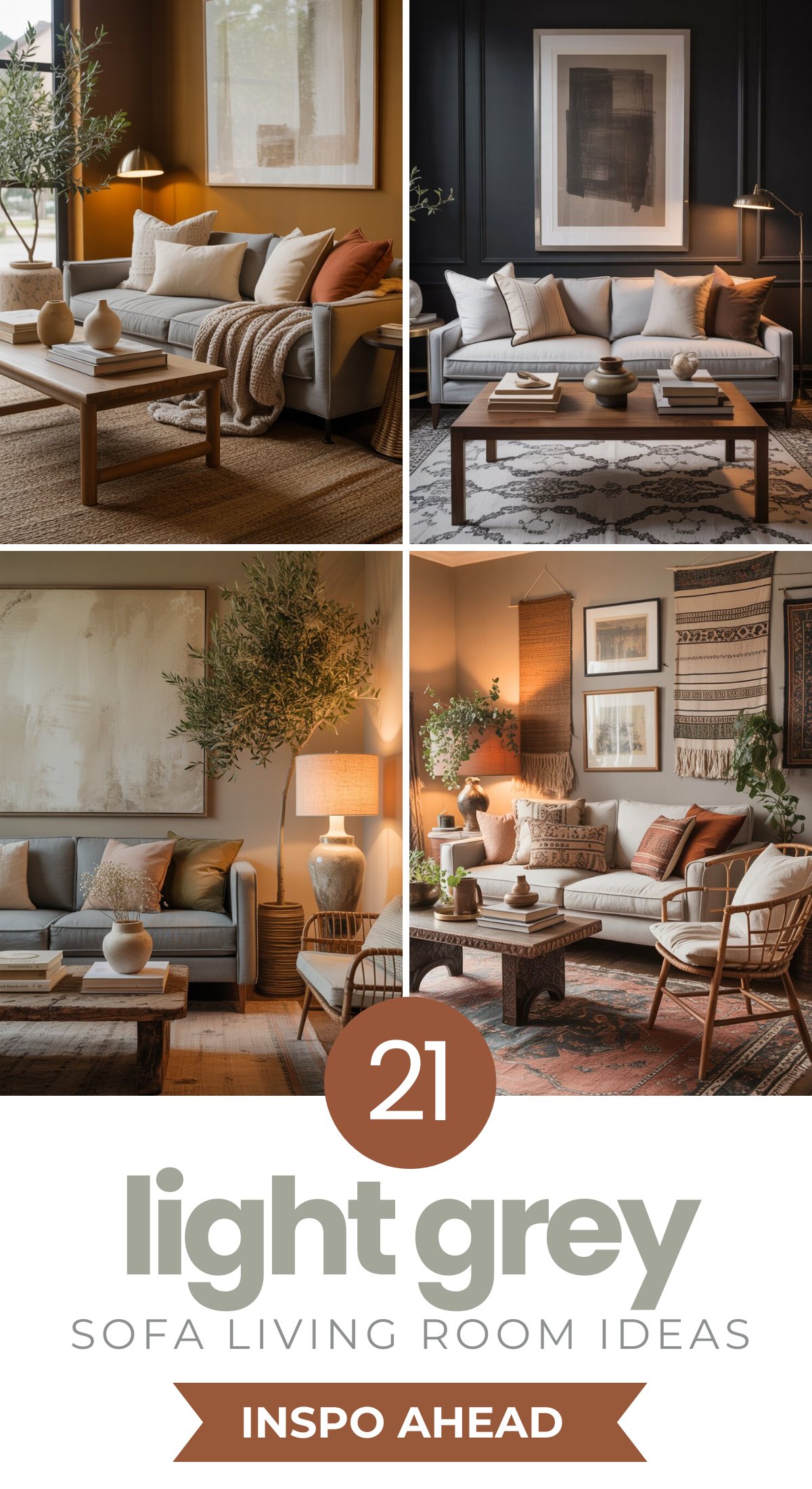 A collage of four stylish light gray couch living room setups featuring neutral decor, wooden accents, coffee tables, textured rugs, and wall art. Text below reads 21 light grey sofa living room ideas inspo ahead.
