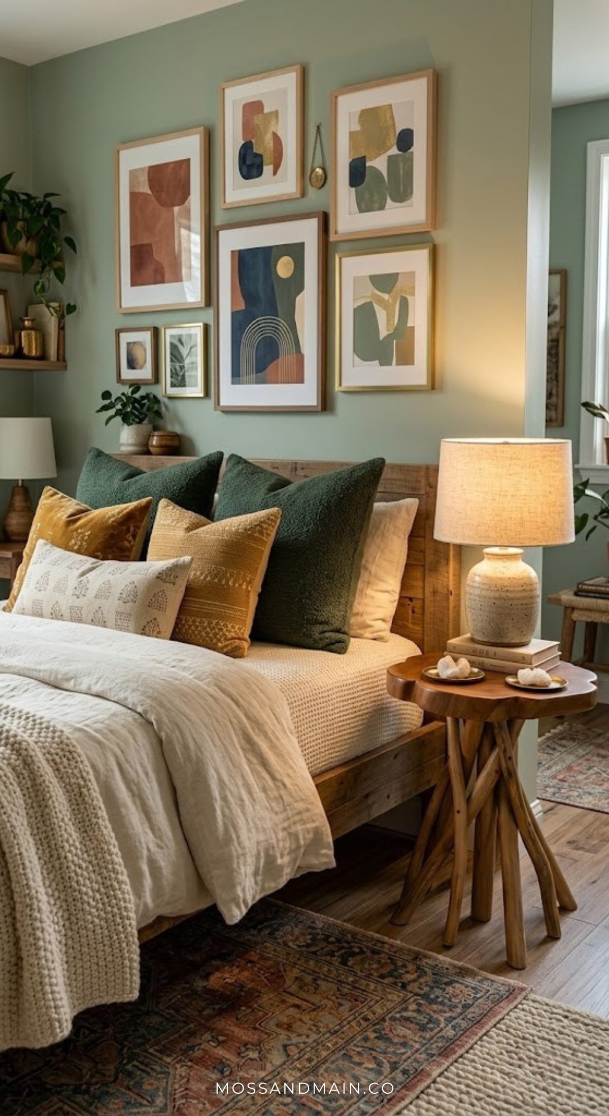 A cozy bedroom with green walls, a wooden bed with white and earth-toned bedding, boho bedside tables topped with a rustic lamp, and abstract art above the bed. Lush plants and patterned rugs add warmth to the inviting space.