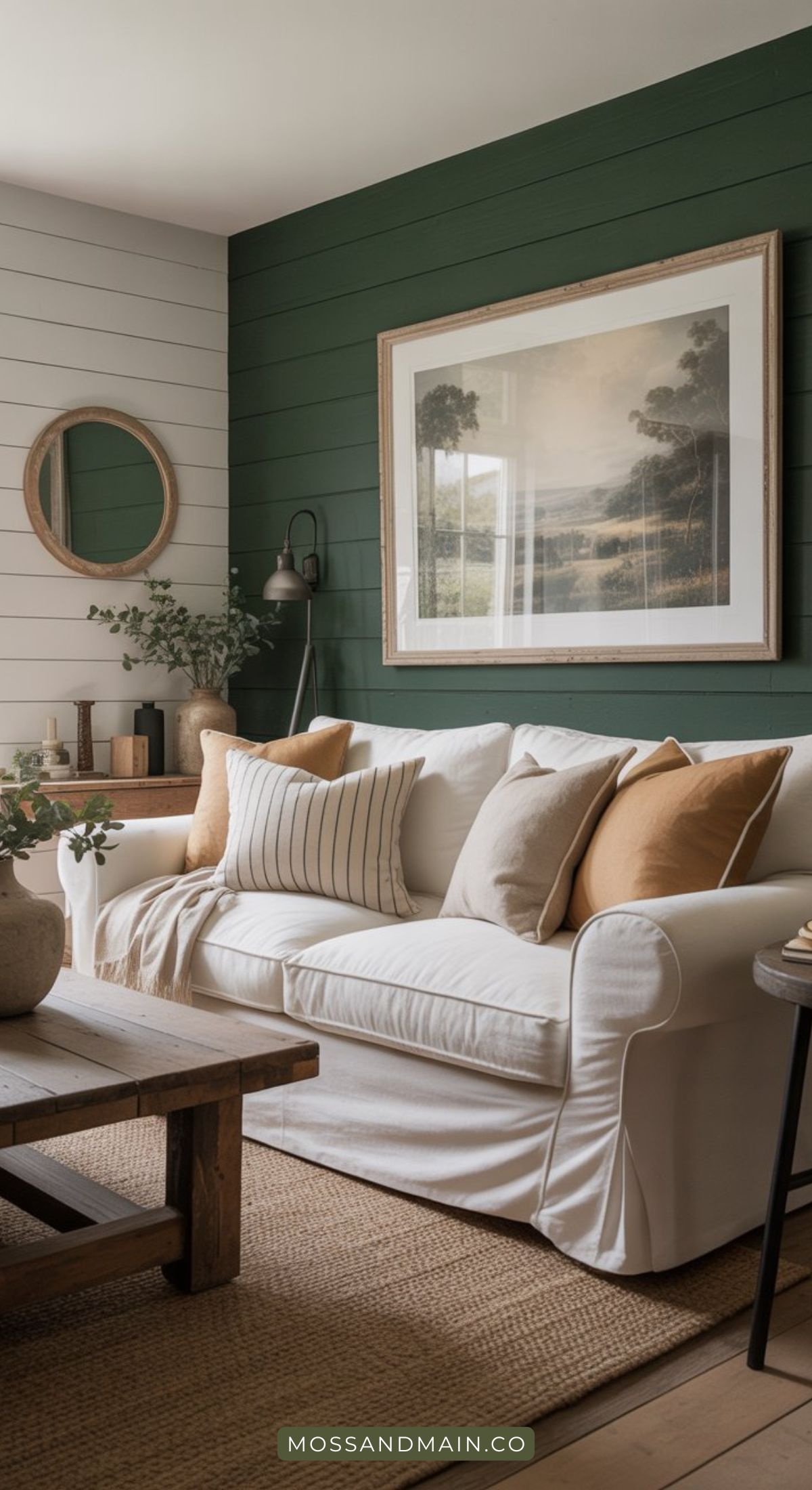 A cozy living room with a white sofa, beige and striped pillows, wooden coffee table, circular mirror, and wall art feels straight from a designer catalog. Earthy decor, dark forest green shiplap walls, and natural light create a warm atmosphere.