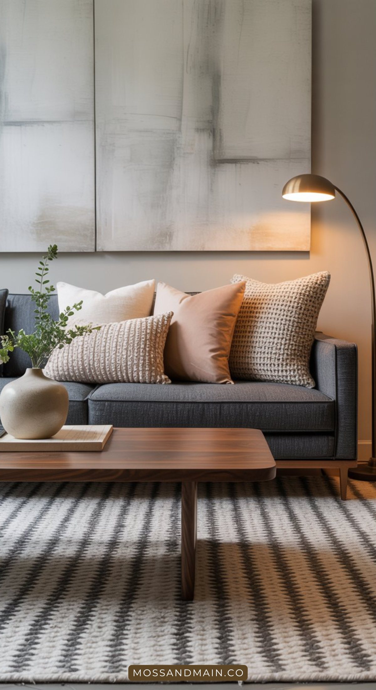 A modern living room featuring a gray couch, neutral throw pillows, a wooden coffee table with a ceramic vase, a patterned rug, and a gold floor lamp. Abstract artwork adds inspiration for chic living room ideas above the sofa.