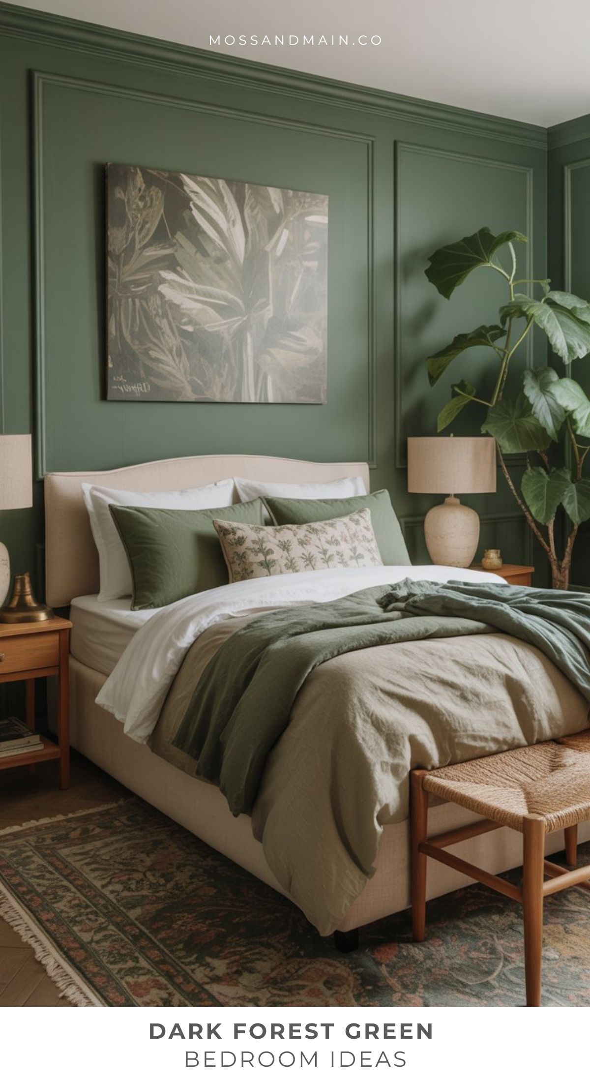 A cozy bedroom inspired by designer catalog style features dark forest green walls, a beige upholstered bed with green and white bedding, wooden nightstands, lamps, a leafy plant, and artwork above the bed for a calm, inviting atmosphere.