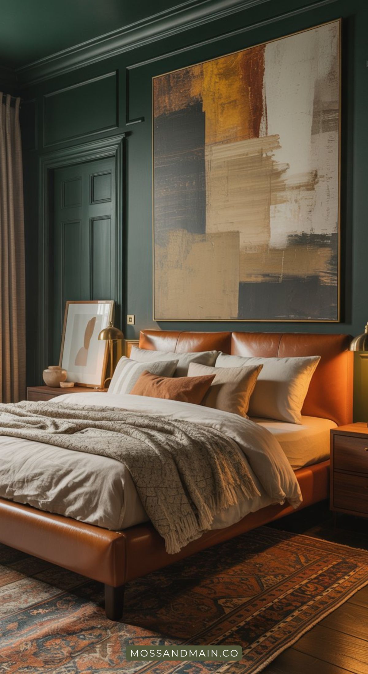 A stylish Green Room with dark green walls evokes a Dark Moody Forest vibe. It features a large abstract painting above a brown leather bed, neutral bedding, wooden nightstand, warm lighting, and a patterned rug on the dark wooden floor.