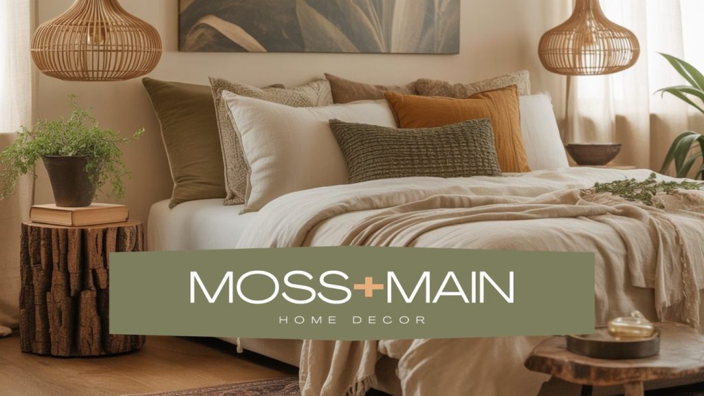 A cozy, modern bedroom with neutral bedding, earth-toned pillows, wooden side tables, plants, and rattan pendant lights. A large sign reading “moss + main” adds a signature touch across the bottom center.