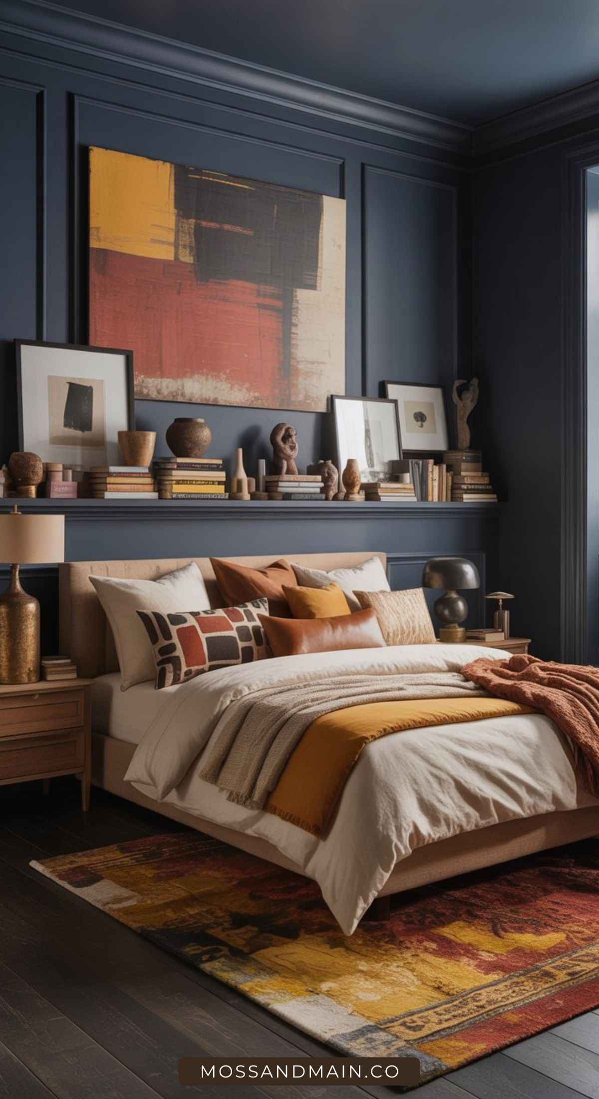 A modern bedroom with dark blue walls, an abstract painting, shelves with books and decor, a beige bed with rust, mustard, and cream bedding, and a colorful patterned rug on a dark floor.