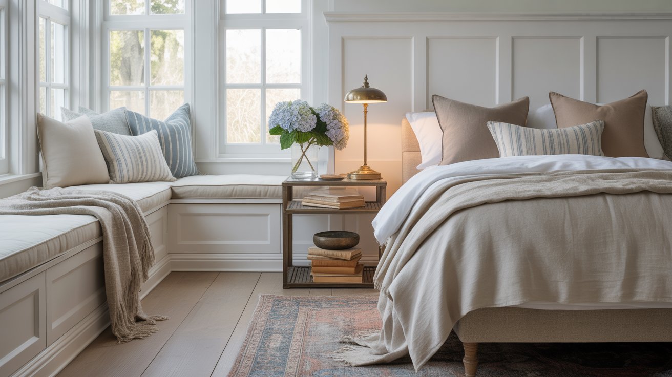 Bright, cozy bedroom with a window seat, soft beige bedding, decorative pillows, and large windows letting in natural light—embracing that signature Nancy Meyers aesthetic of warmth and effortless charm.