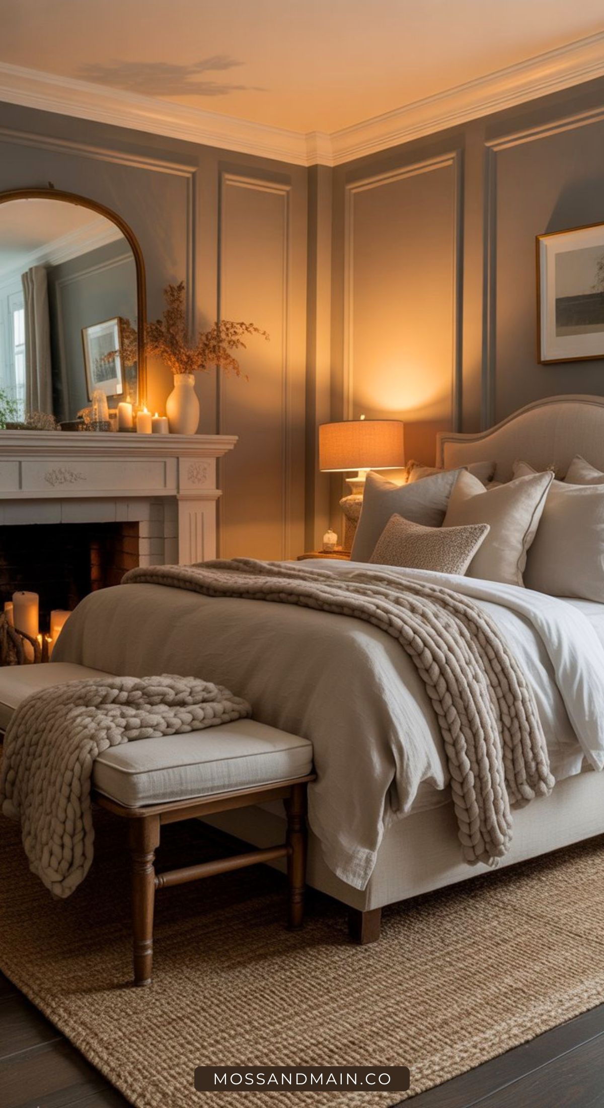 A cozy, elegant bedroom inspired by Nancy Meyers bedroom ideas, with a neatly made bed, knit blankets, a bench at the foot, soft lighting, candles on a white mantel, and warm gray paneled walls creating a serene atmosphere.